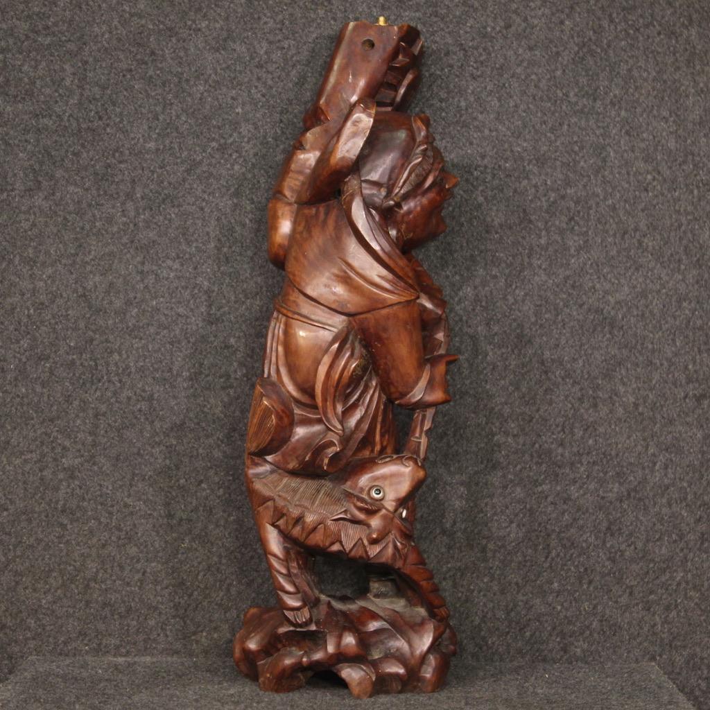 20th Century Wooden Oriental Sculpture Character with Animal, 1960s For Sale 3
