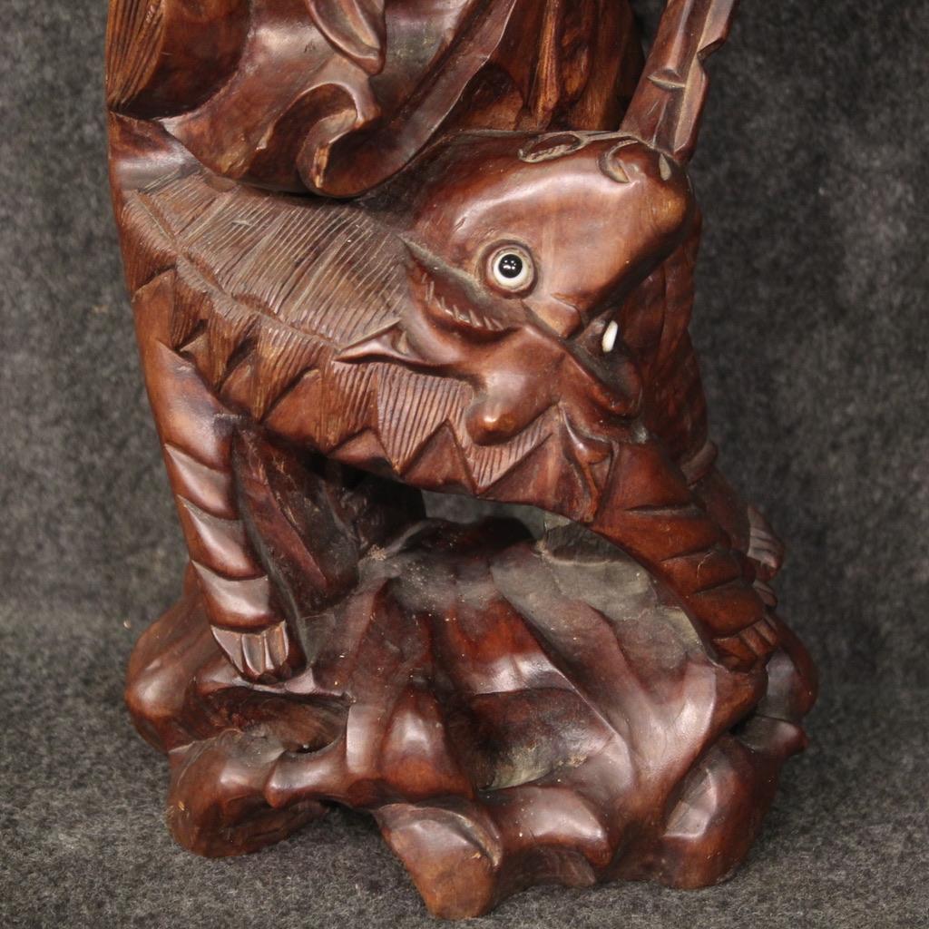 20th Century Wooden Oriental Sculpture Character with Animal, 1960s For Sale 4