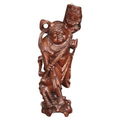 20th Century Wooden Oriental Sculpture Character with Animal, 1960s