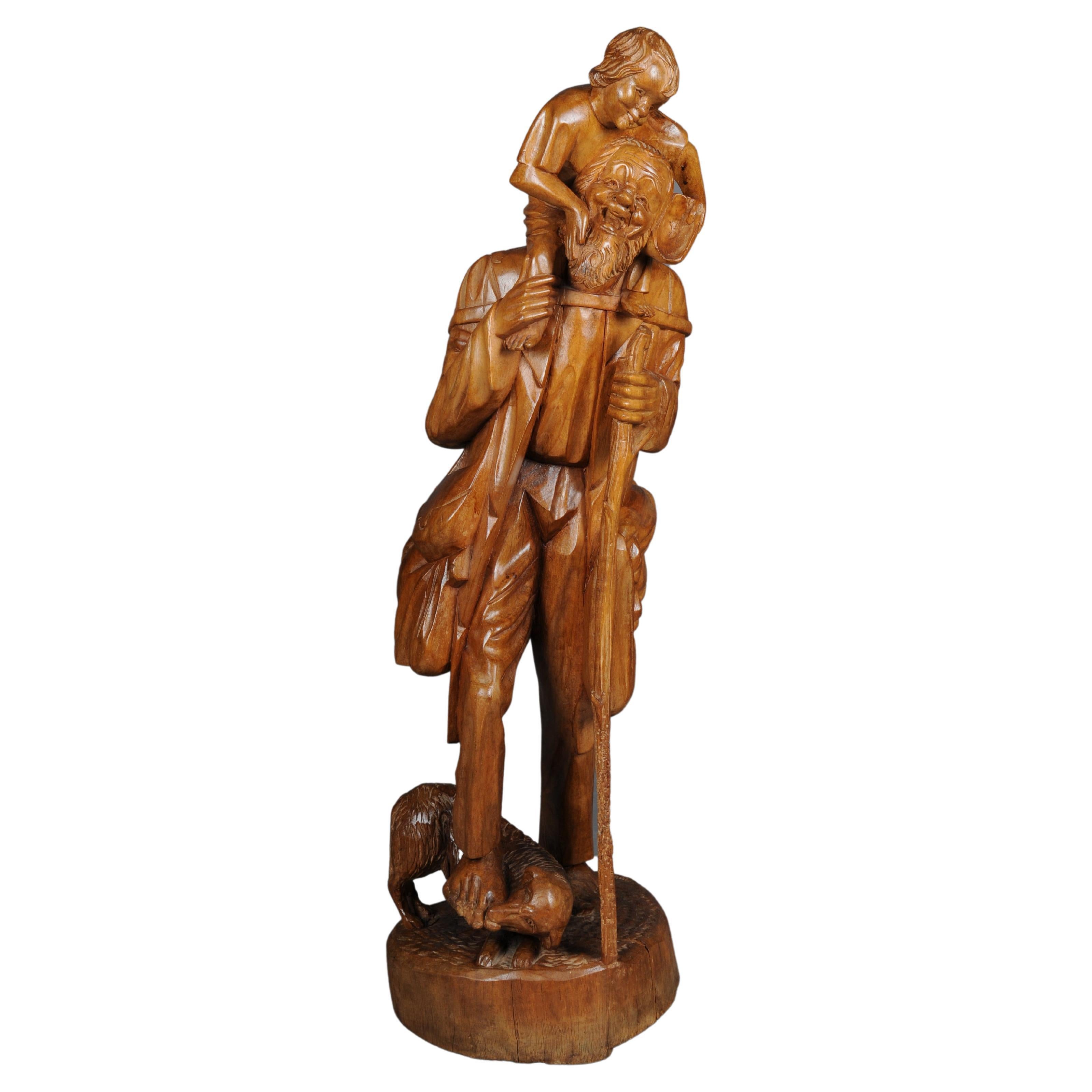 20th Century wooden sculpture Ranger with child Lime wood, South German For Sale