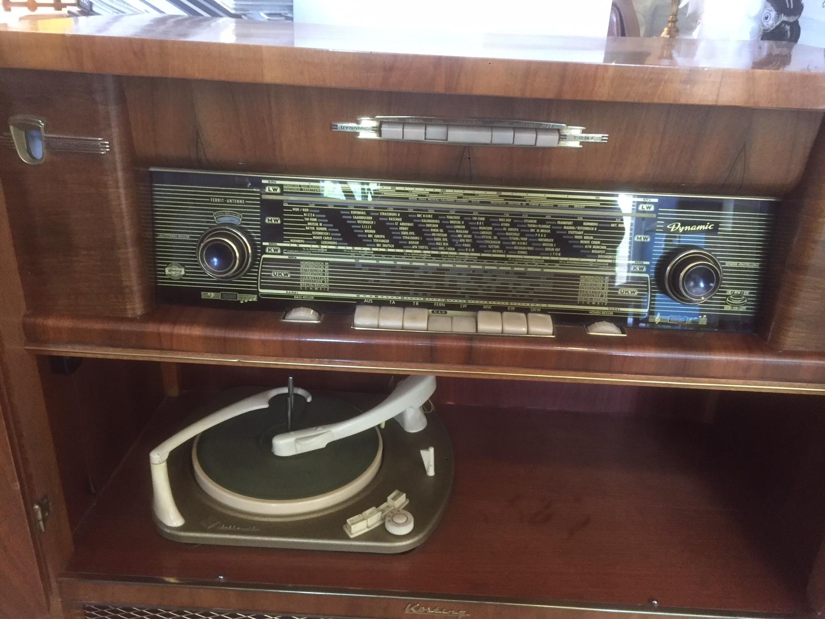 Brass 20th Century Working French Walnut Signed Radio and Vinyl Cabinet, 1950s