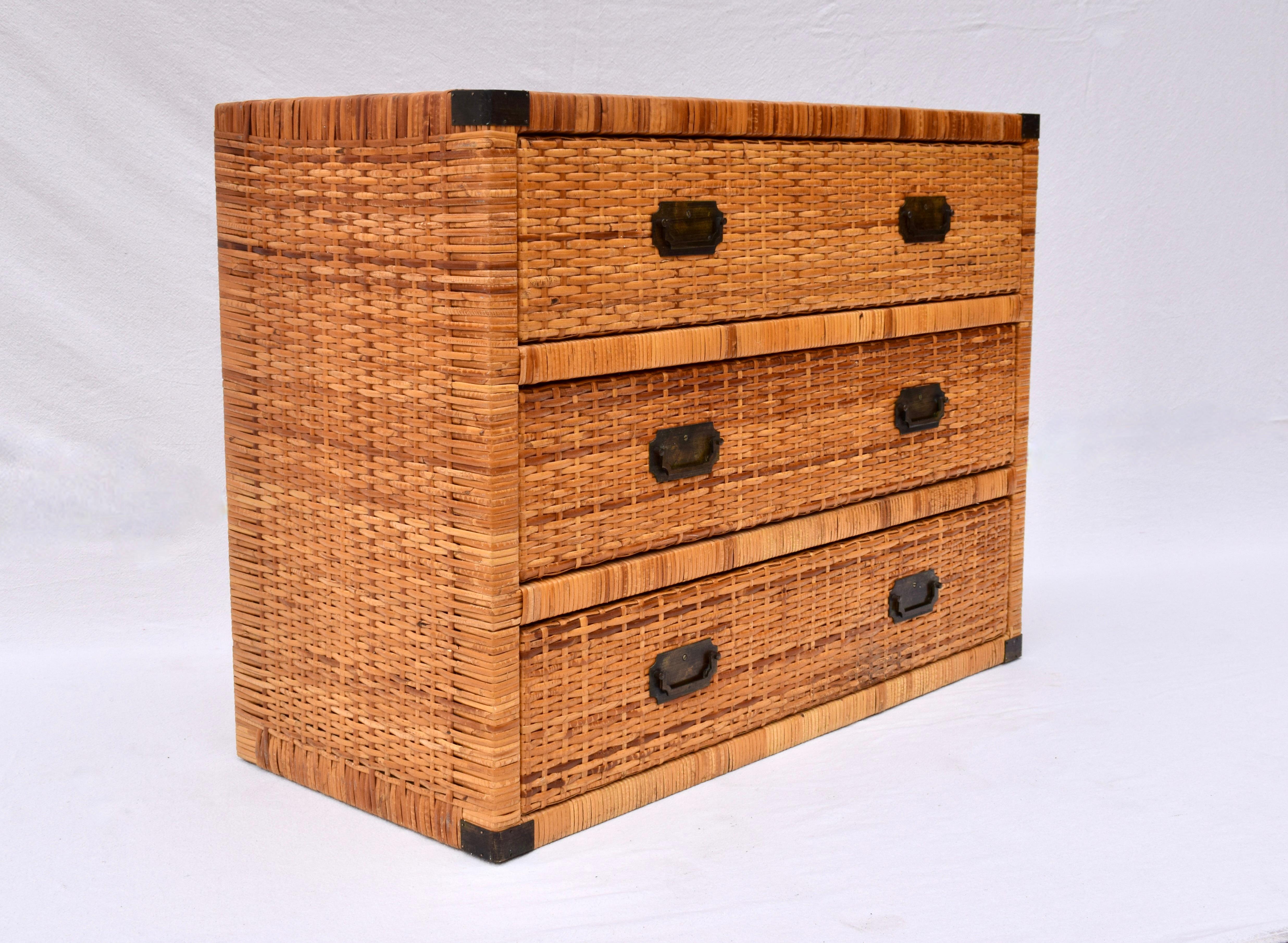Philippine Late 20th Century Vintage Coastal Woven Rattan Campaign Chest of Drawers