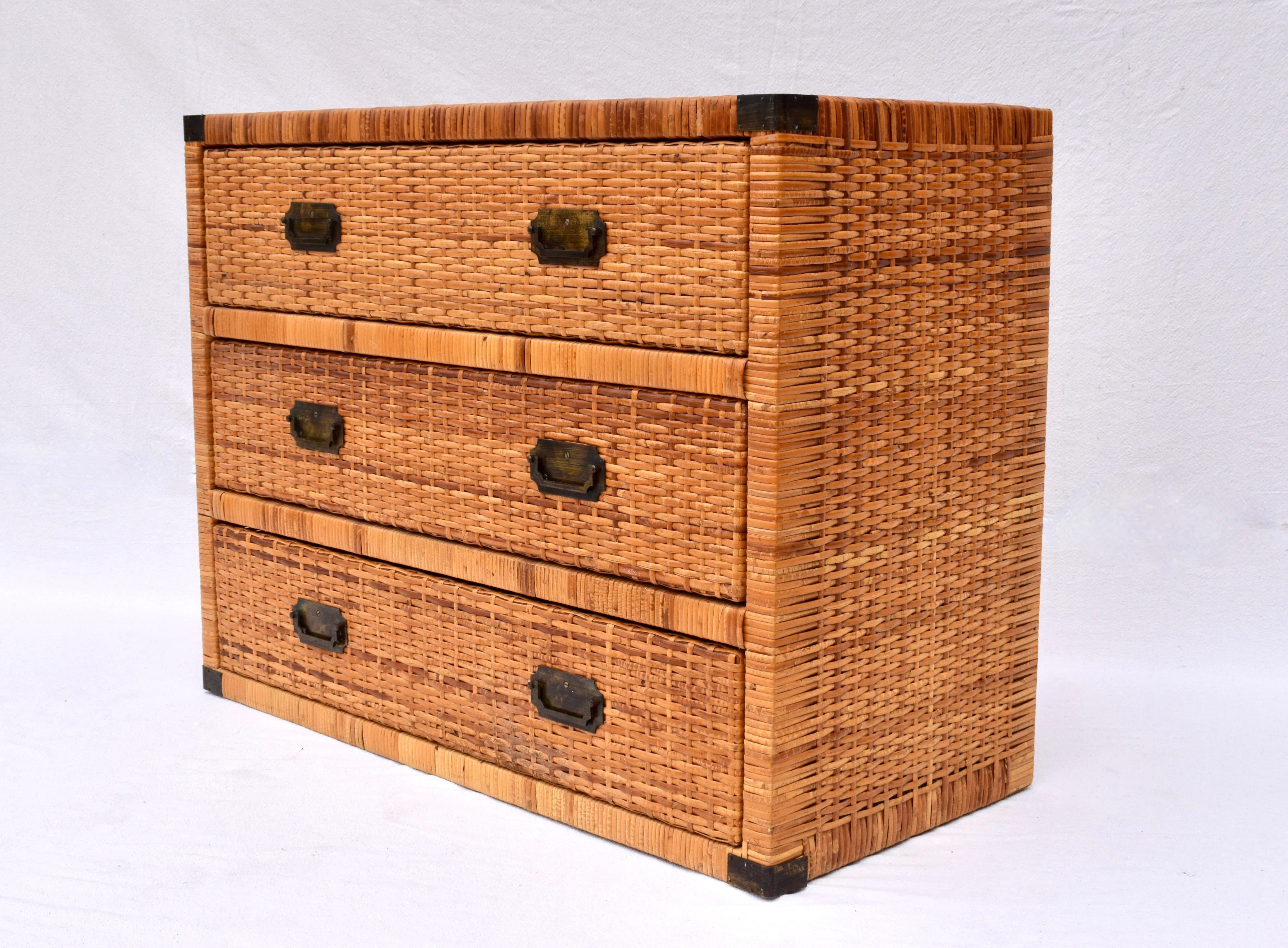 Late 20th Century Vintage Coastal Woven Rattan Campaign Chest of Drawers In Good Condition In Southampton, NJ