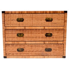 Late 20th Century Retro Coastal Woven Rattan Campaign Chest of Drawers