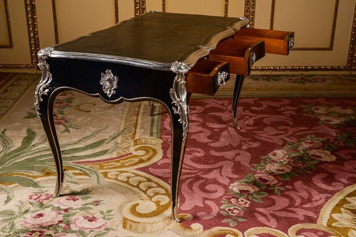 Silvered 20th Century writing Desk Louis XV Piano-Black Bureau Plat For Sale