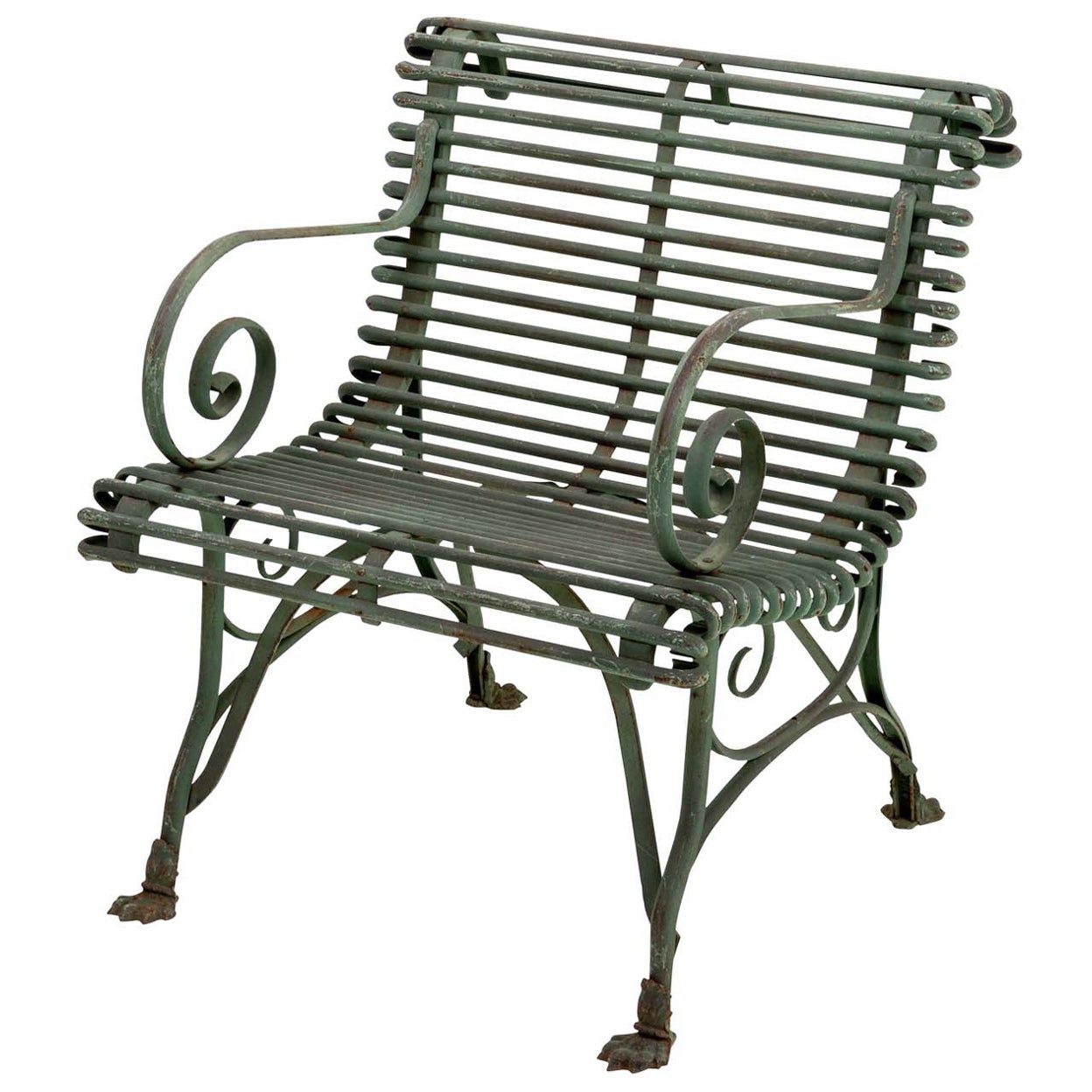20th Century Wrought Iron Slat Back Park Bench For Sale