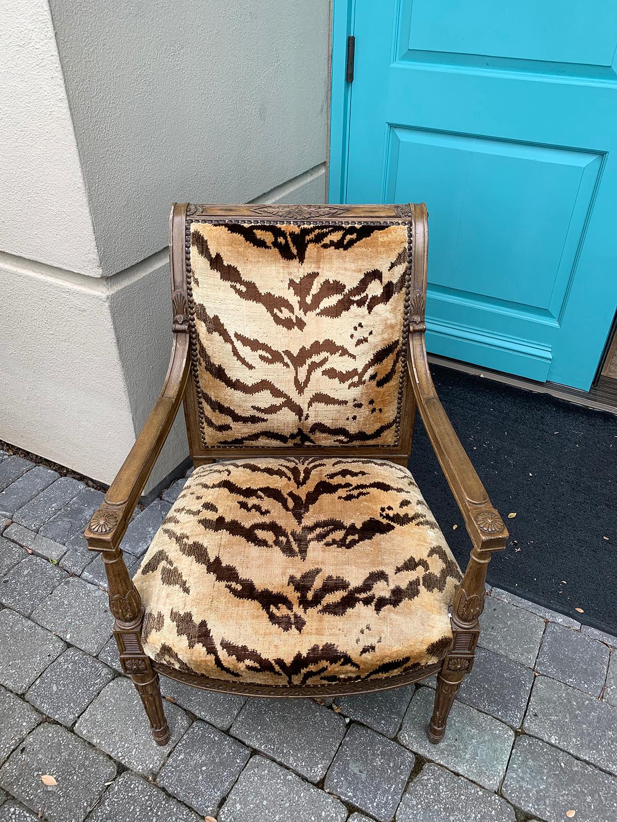 20th Century Yale Burge Directoire Style Carved Armchair with Tiger Upholstery 15