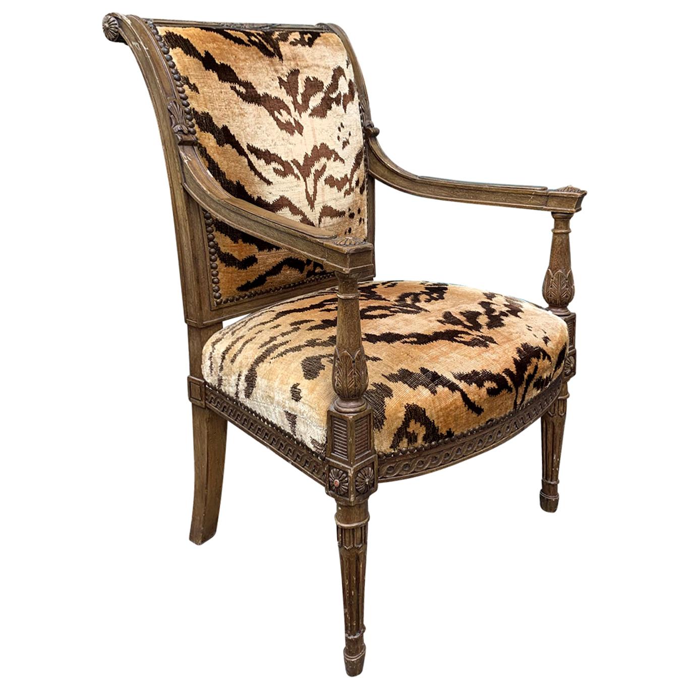 20th Century Yale Burge Directoire Style Carved Armchair with Tiger Upholstery