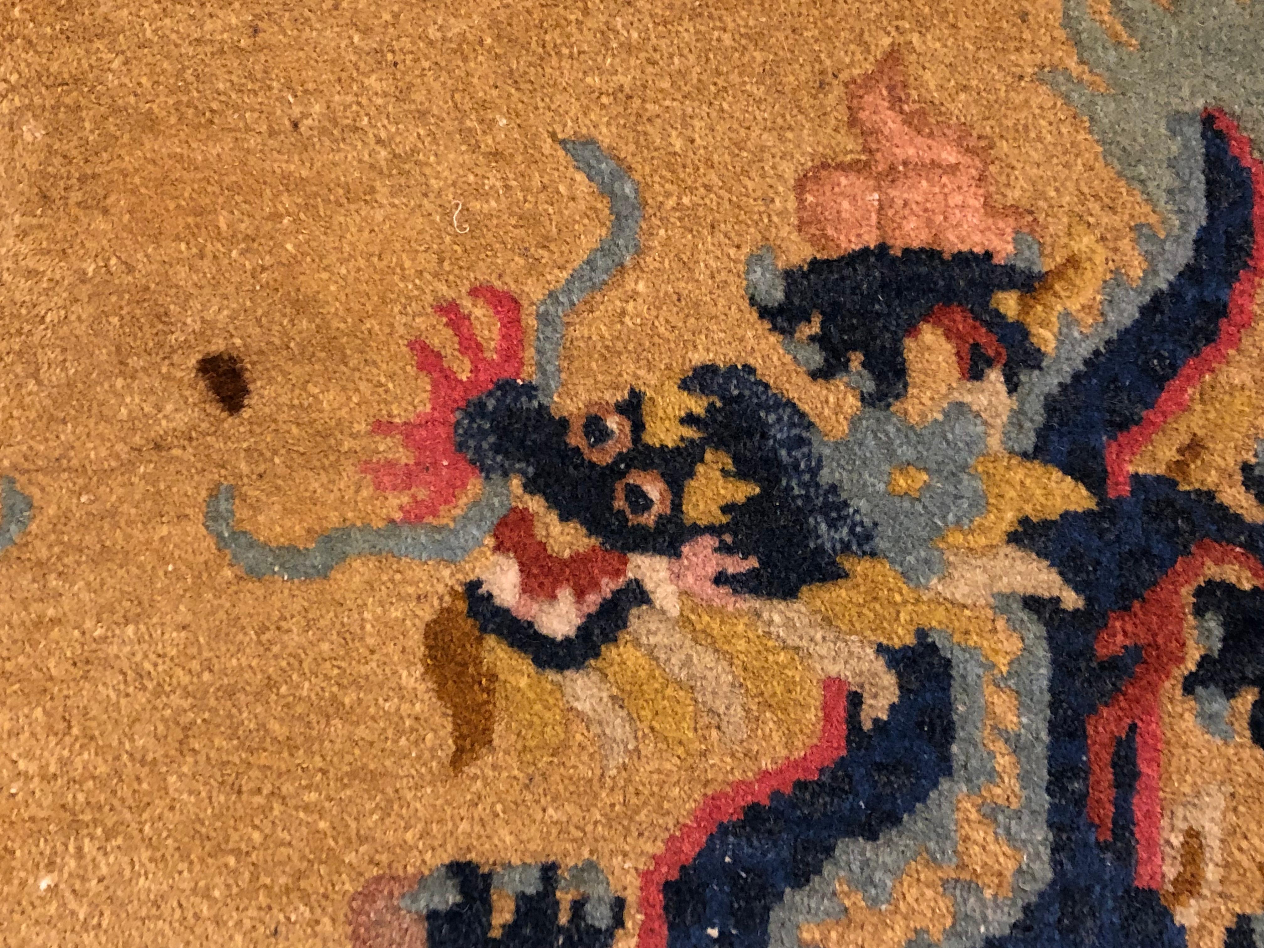 20th Century Yellow and Blue Wool Hand Knotted Chinese Dragoons Rug For Sale 4