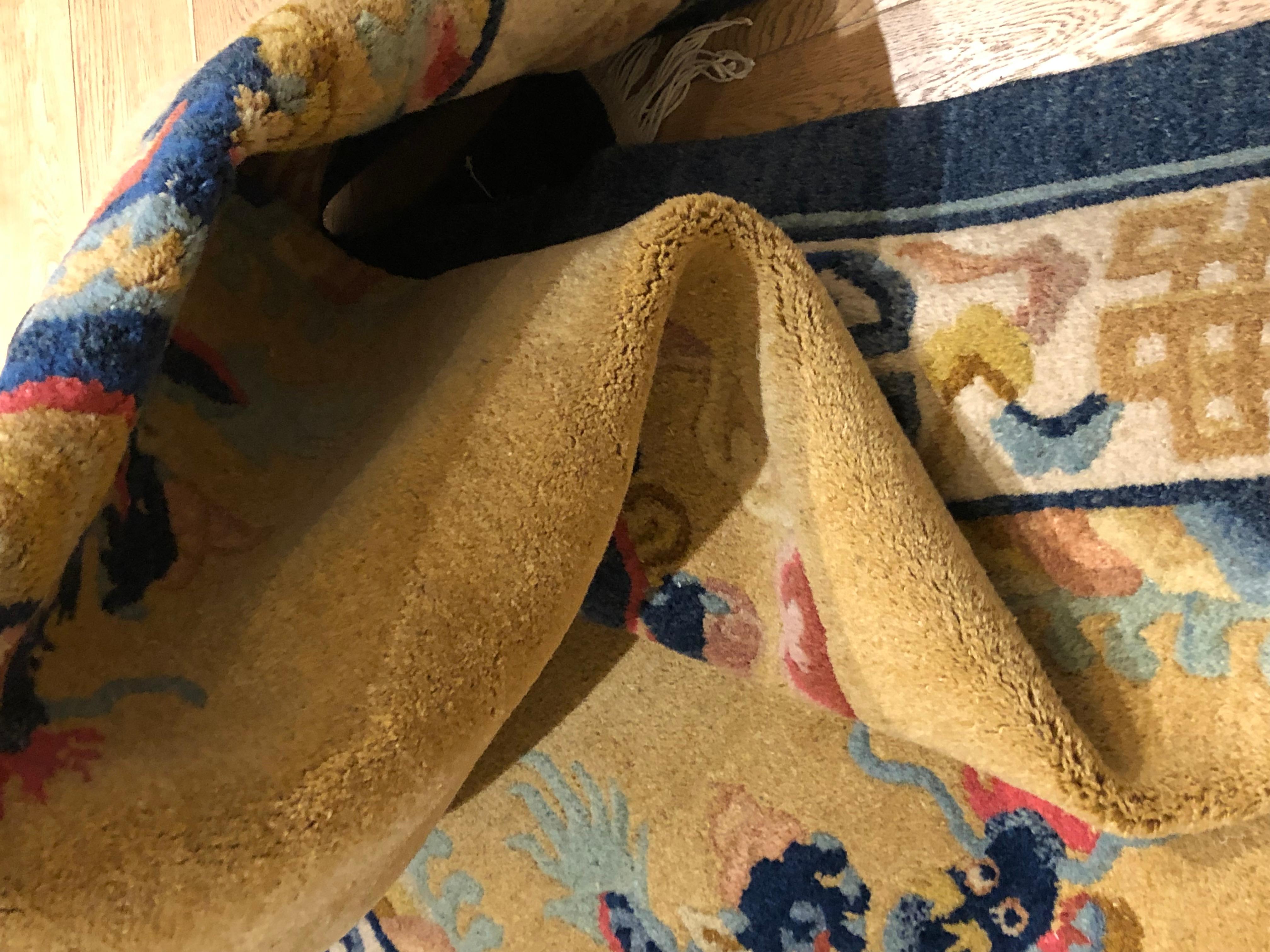 20th Century Yellow and Blue Wool Hand Knotted Chinese Dragoons Rug 6