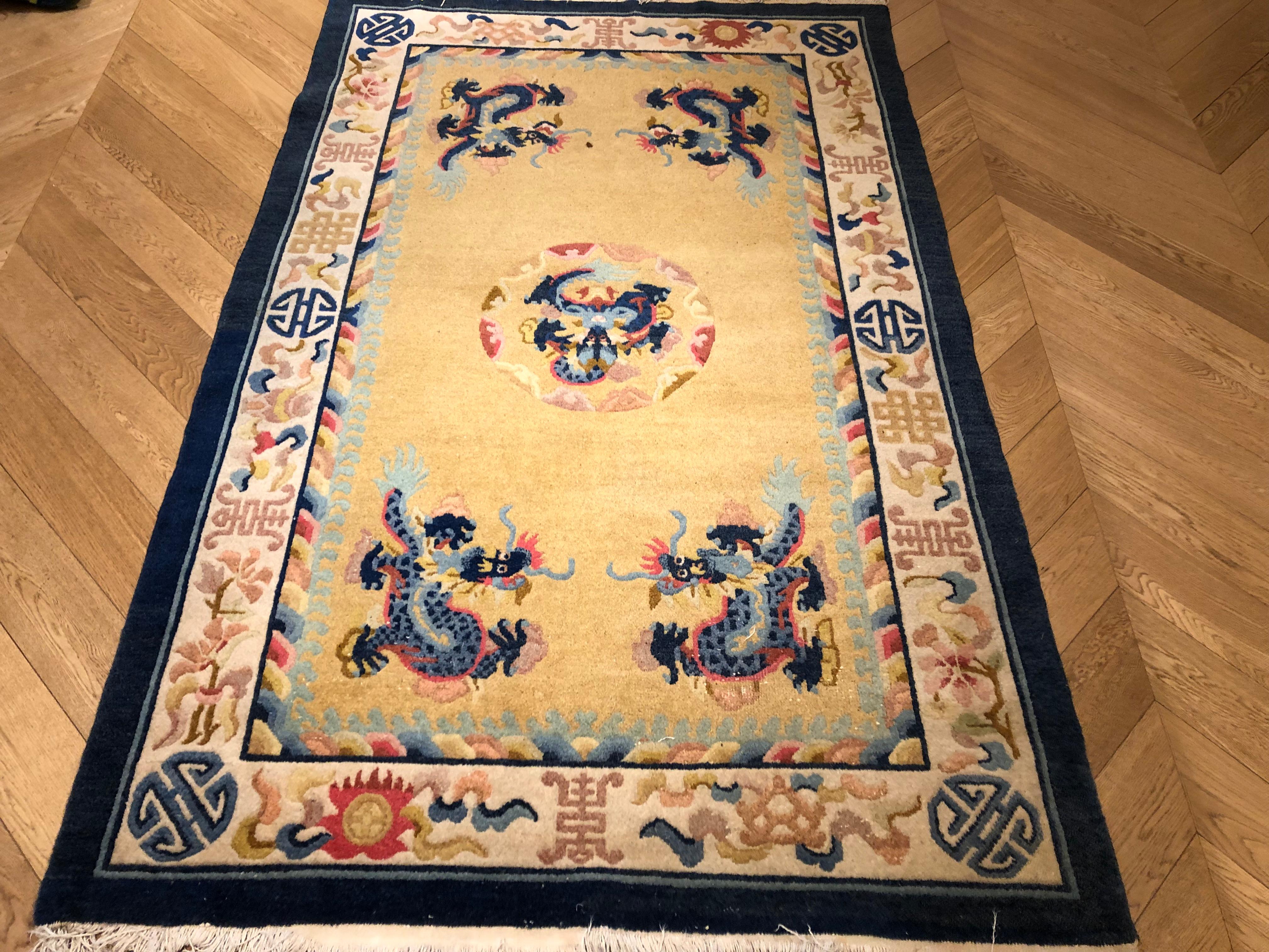 20th Century Yellow and Blue Wool Hand Knotted Chinese Dragoons Rug For Sale 9