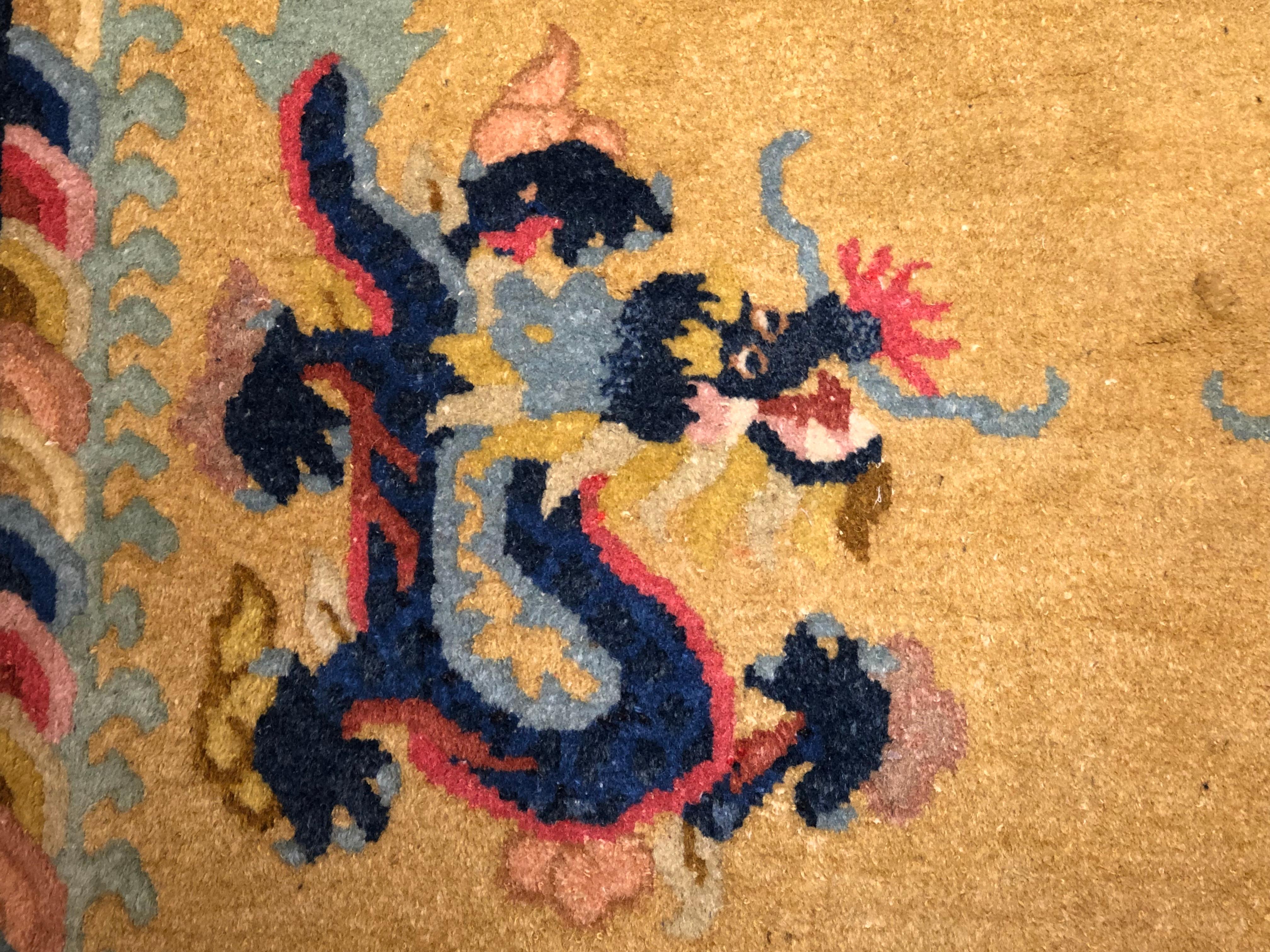20th Century Yellow and Blue Wool Hand Knotted Chinese Dragoons Rug For Sale 12