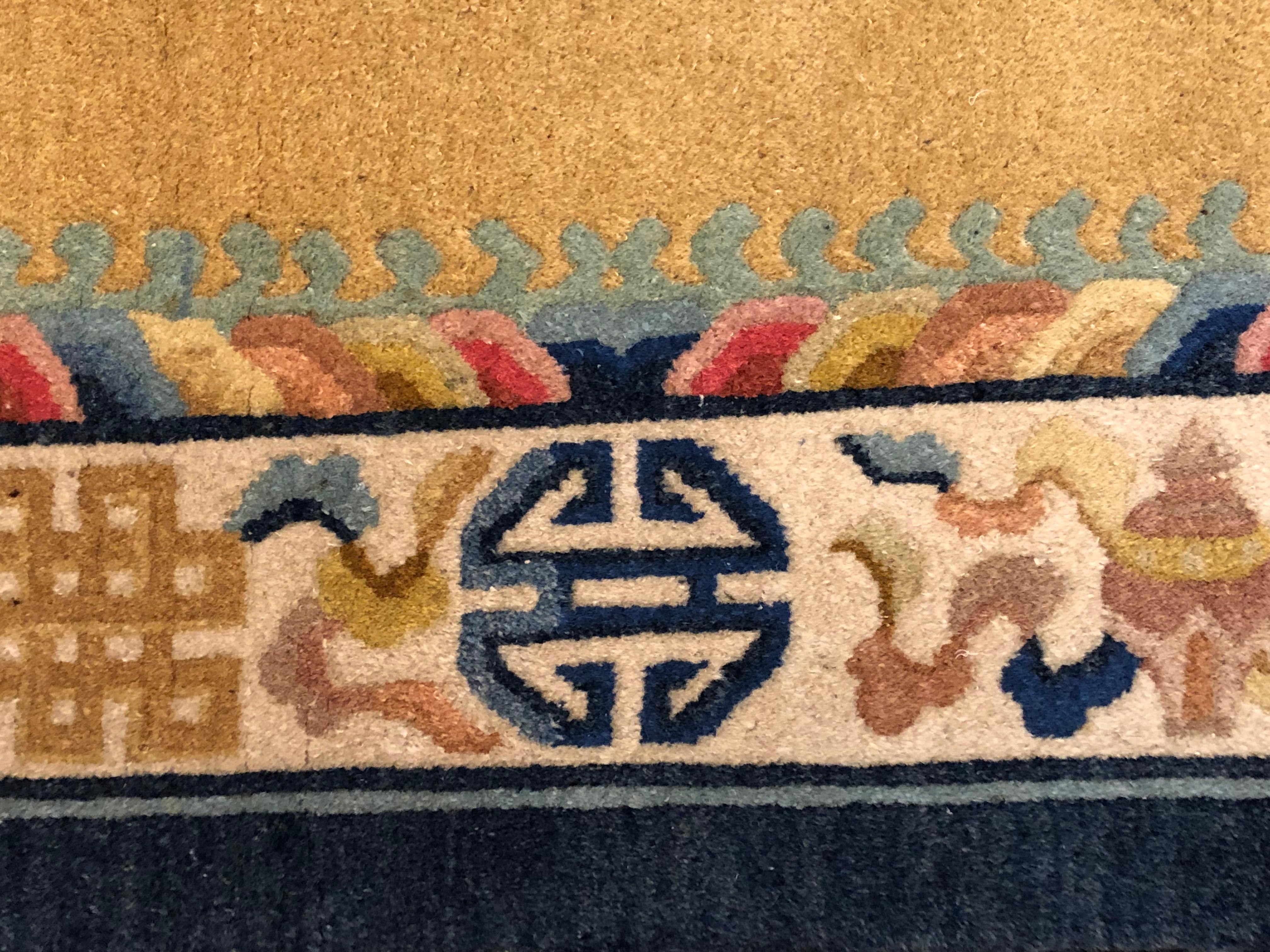 Chinoiserie 20th Century Yellow and Blue Wool Hand Knotted Chinese Dragoons Rug