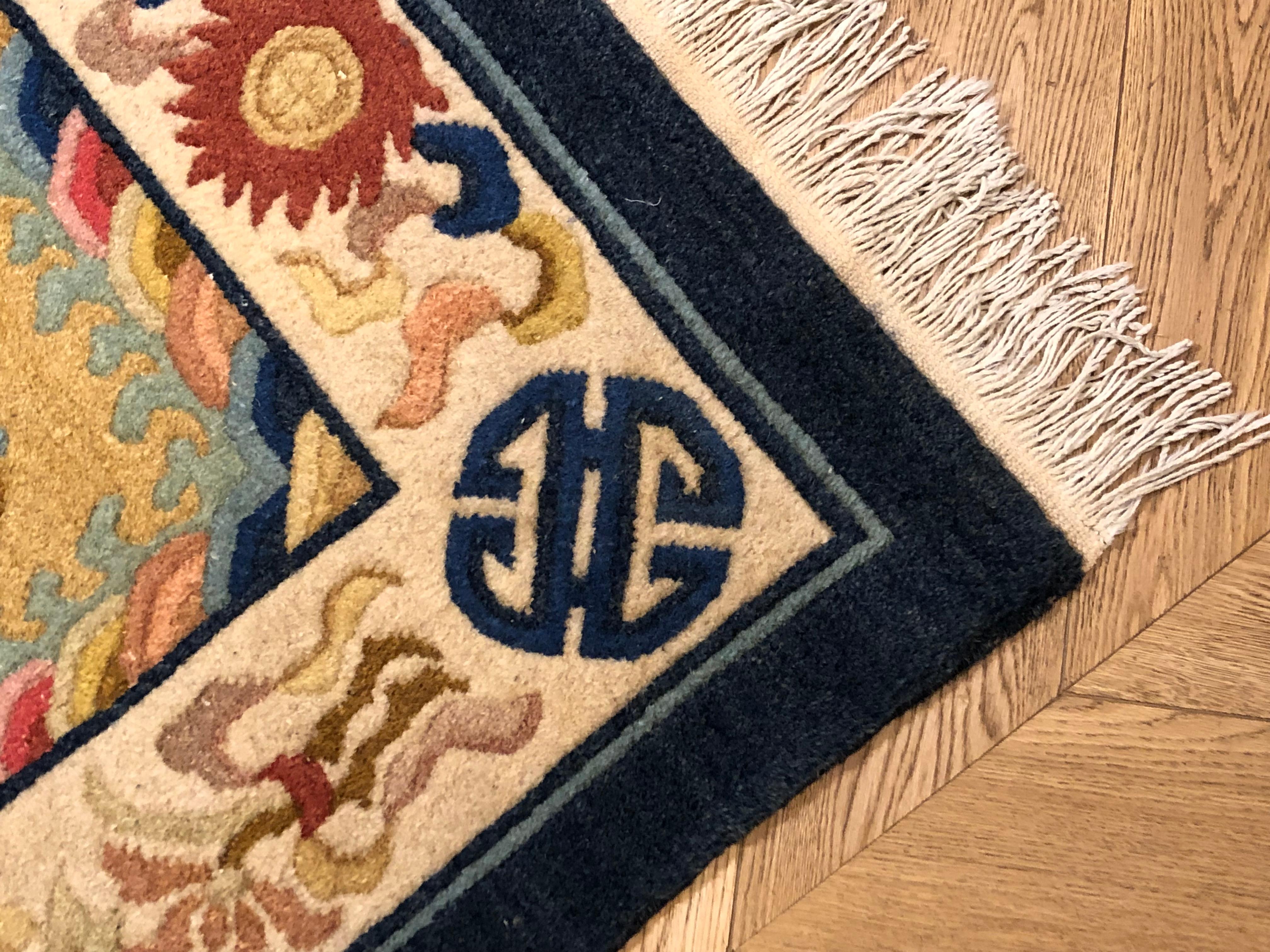 20th Century Yellow and Blue Wool Hand Knotted Chinese Dragoons Rug For Sale 1