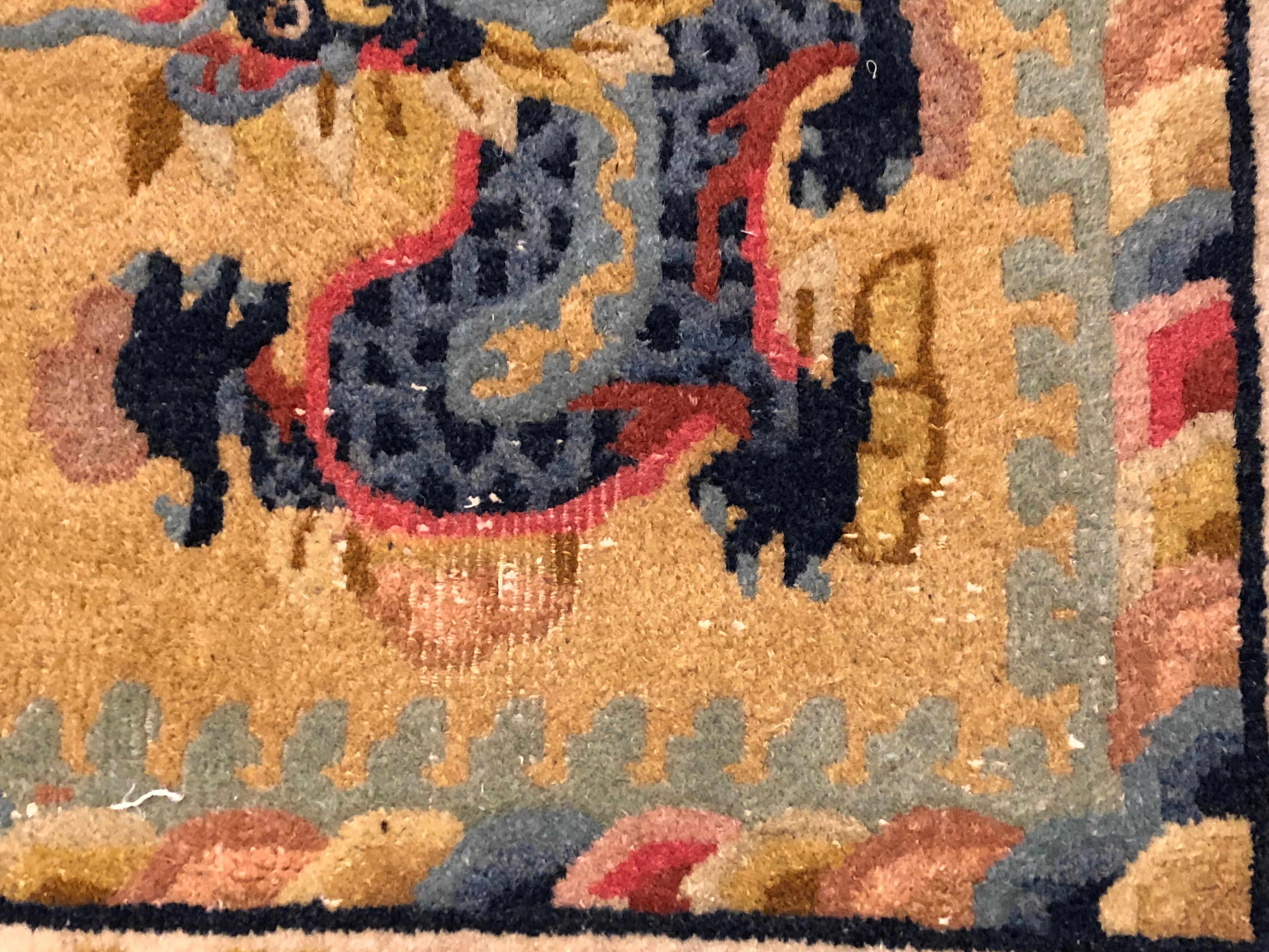 20th Century Yellow and Blue Wool Hand Knotted Chinese Dragoons Rug 3