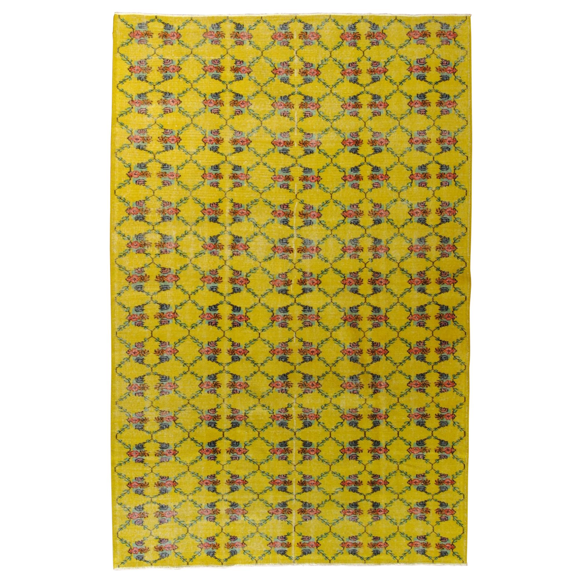 20th Century Yellow Floreal Turkish Art Deco Rug Designed by Zeki Muren, ca 1950