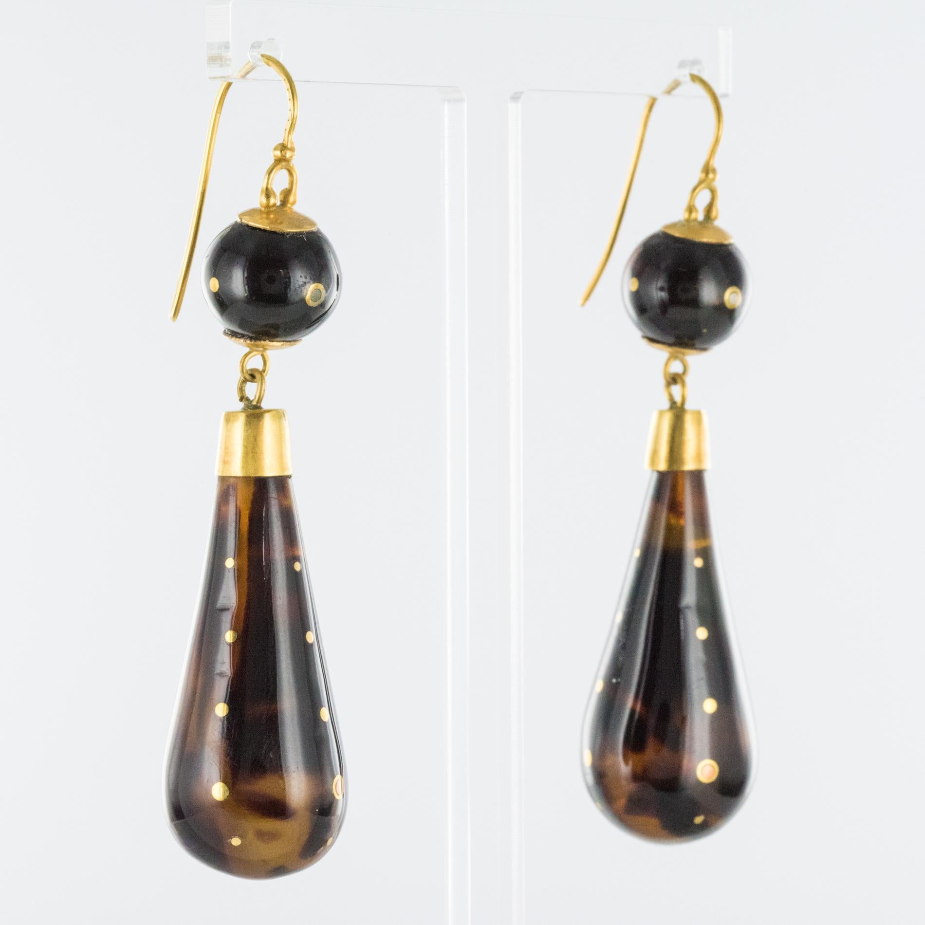 20th Century Yellow Gold Tortoiseshell Dangle Earrings 2