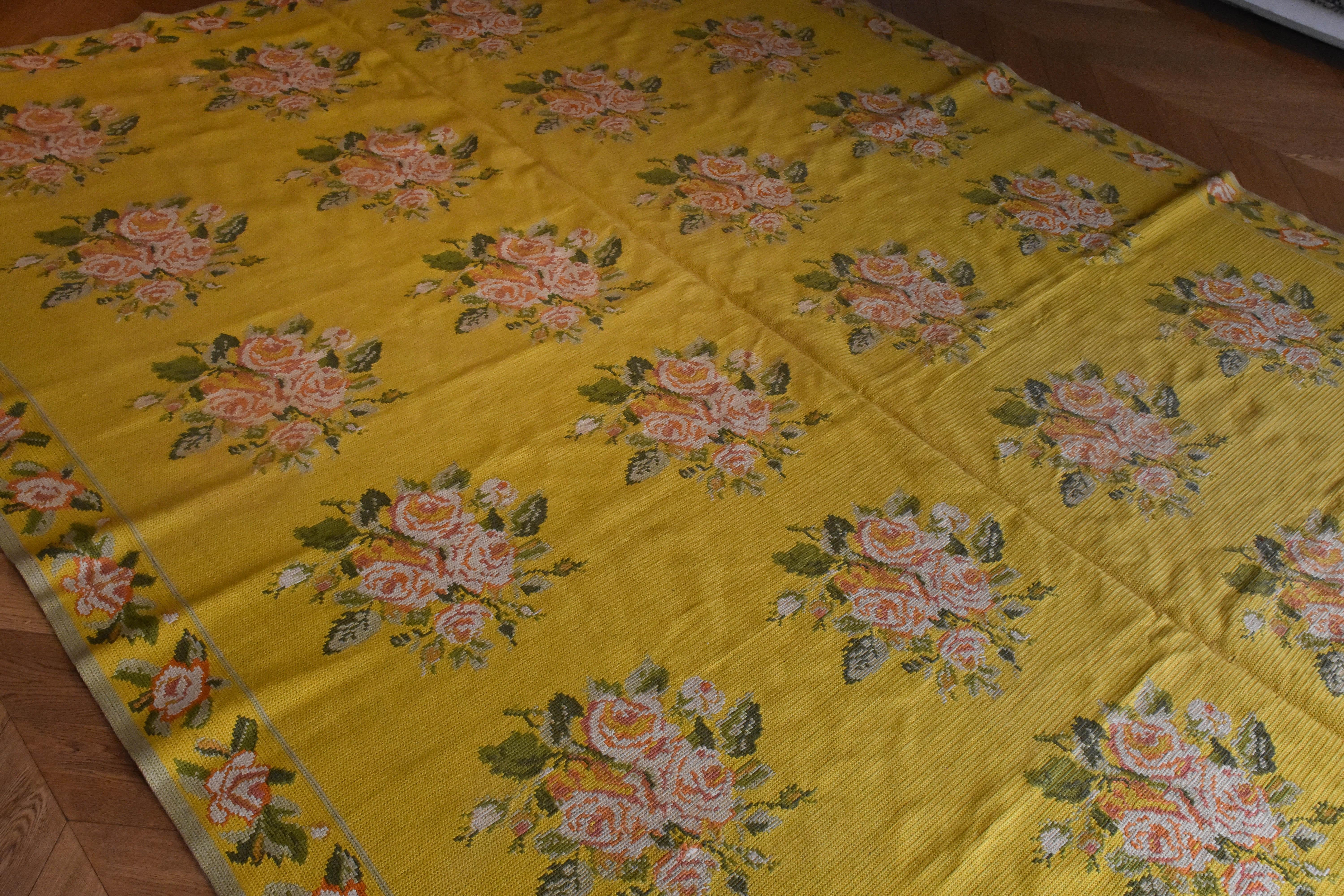 20th Century Yellow Pink Green Flowers Arraiolos Rug from Portugal, circa 1900s For Sale 6