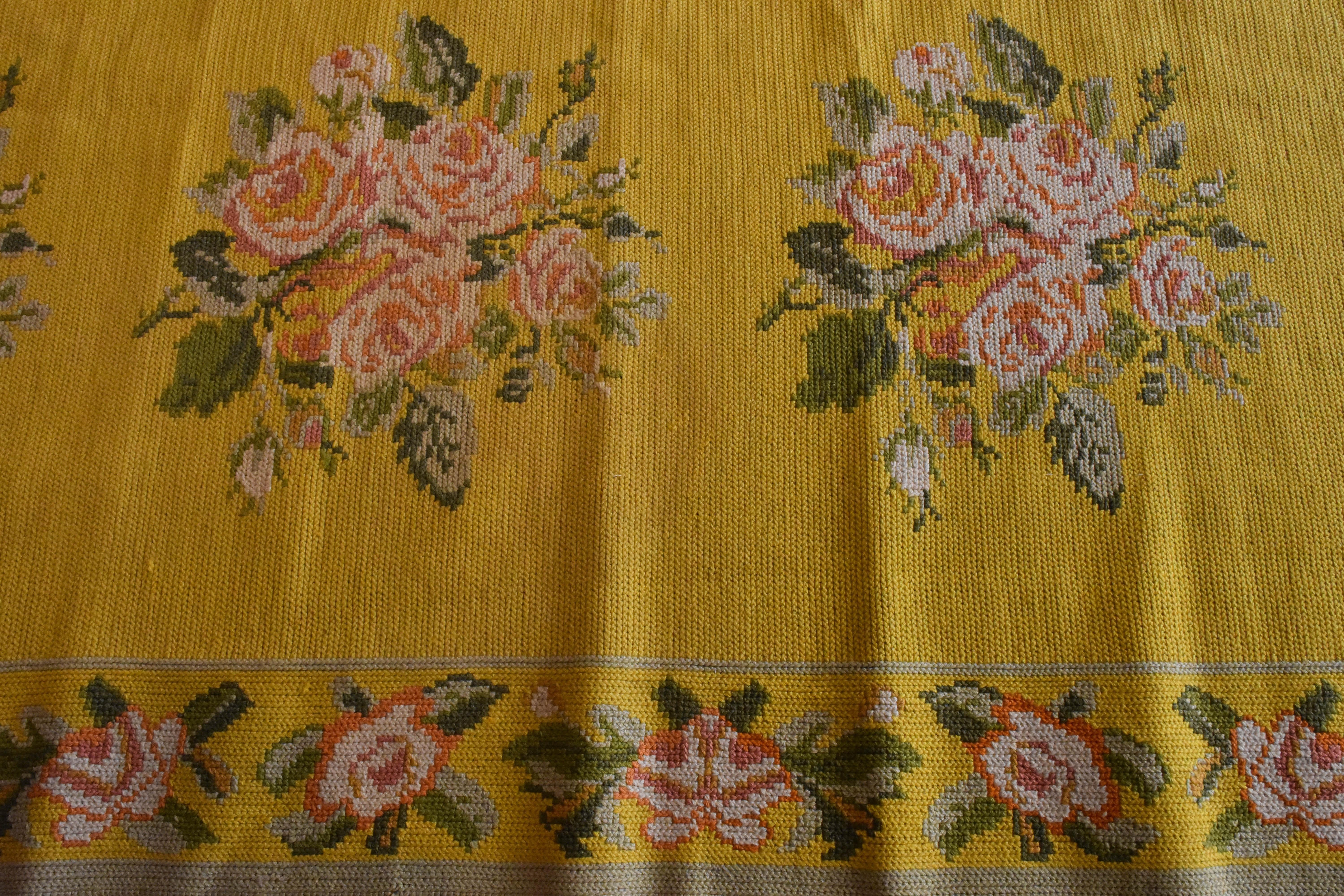 20th Century Yellow Pink Green Flowers Arraiolos Rug from Portugal, circa 1900s For Sale 7