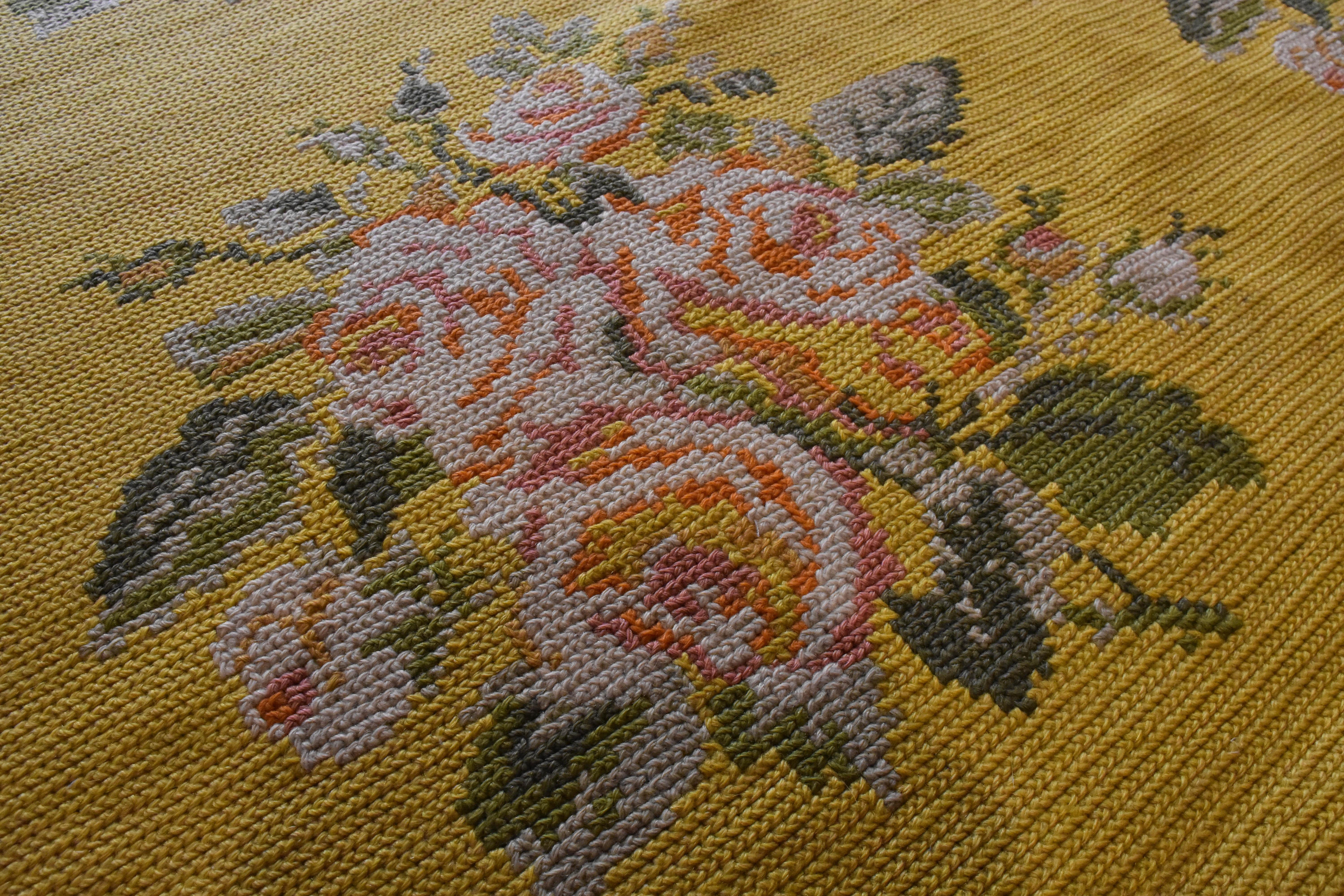 20th Century Yellow Pink Green Flowers Arraiolos Rug from Portugal, circa 1900s For Sale 8