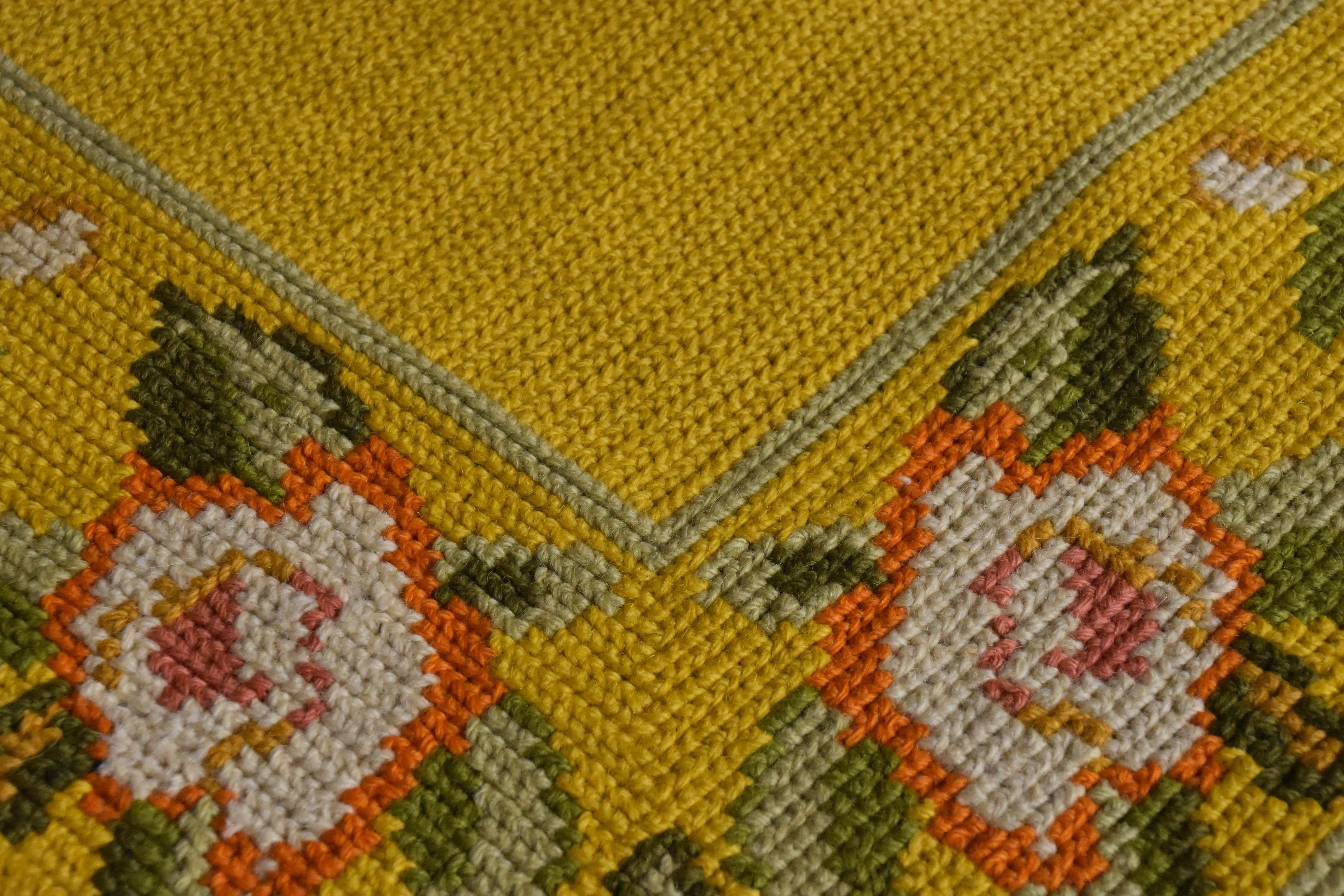 20th Century Yellow Pink Green Flowers Arraiolos Rug from Portugal, circa 1900s For Sale 10
