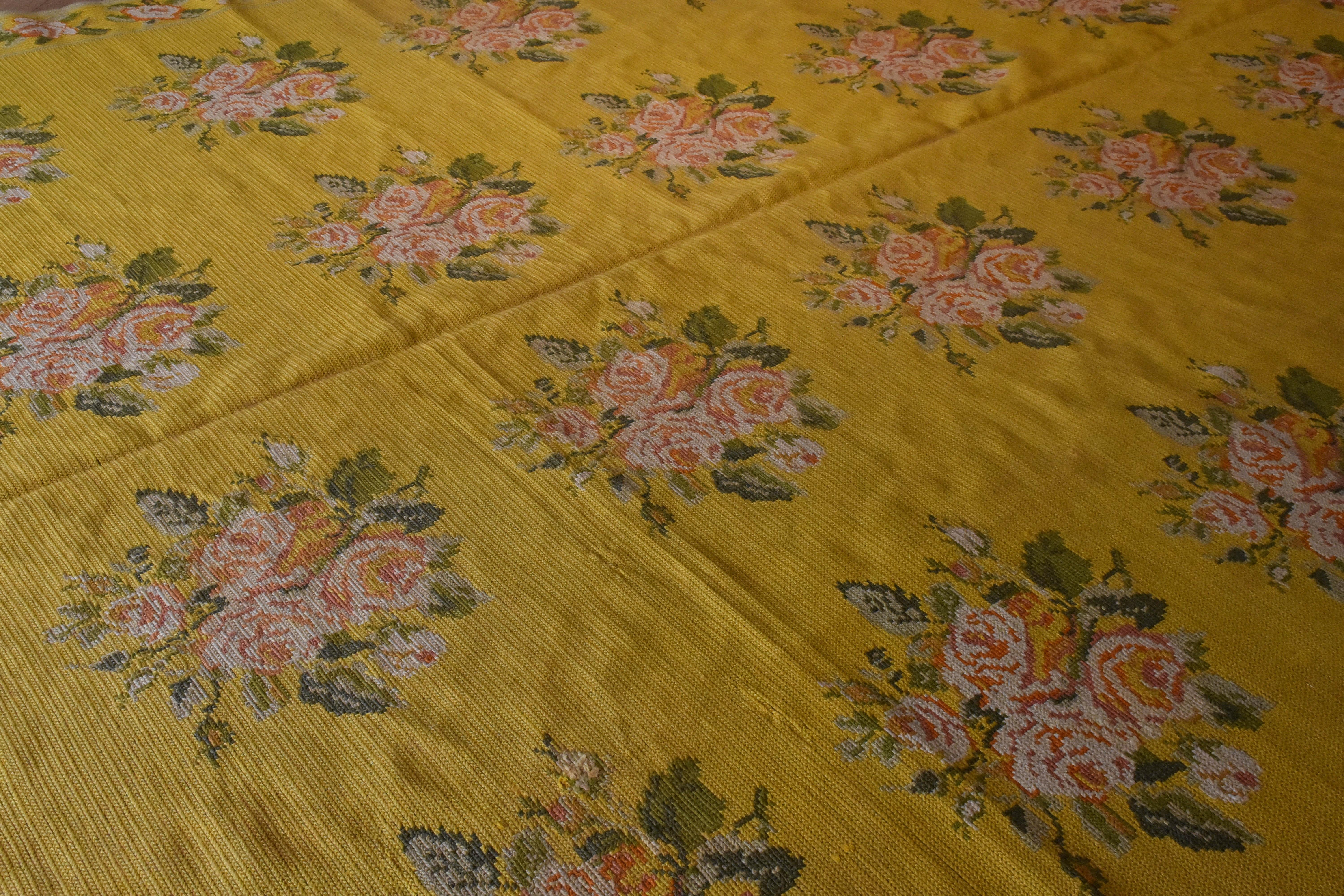 Portuguese 20th Century Yellow Pink Green Flowers Arraiolos Rug from Portugal, circa 1900s For Sale