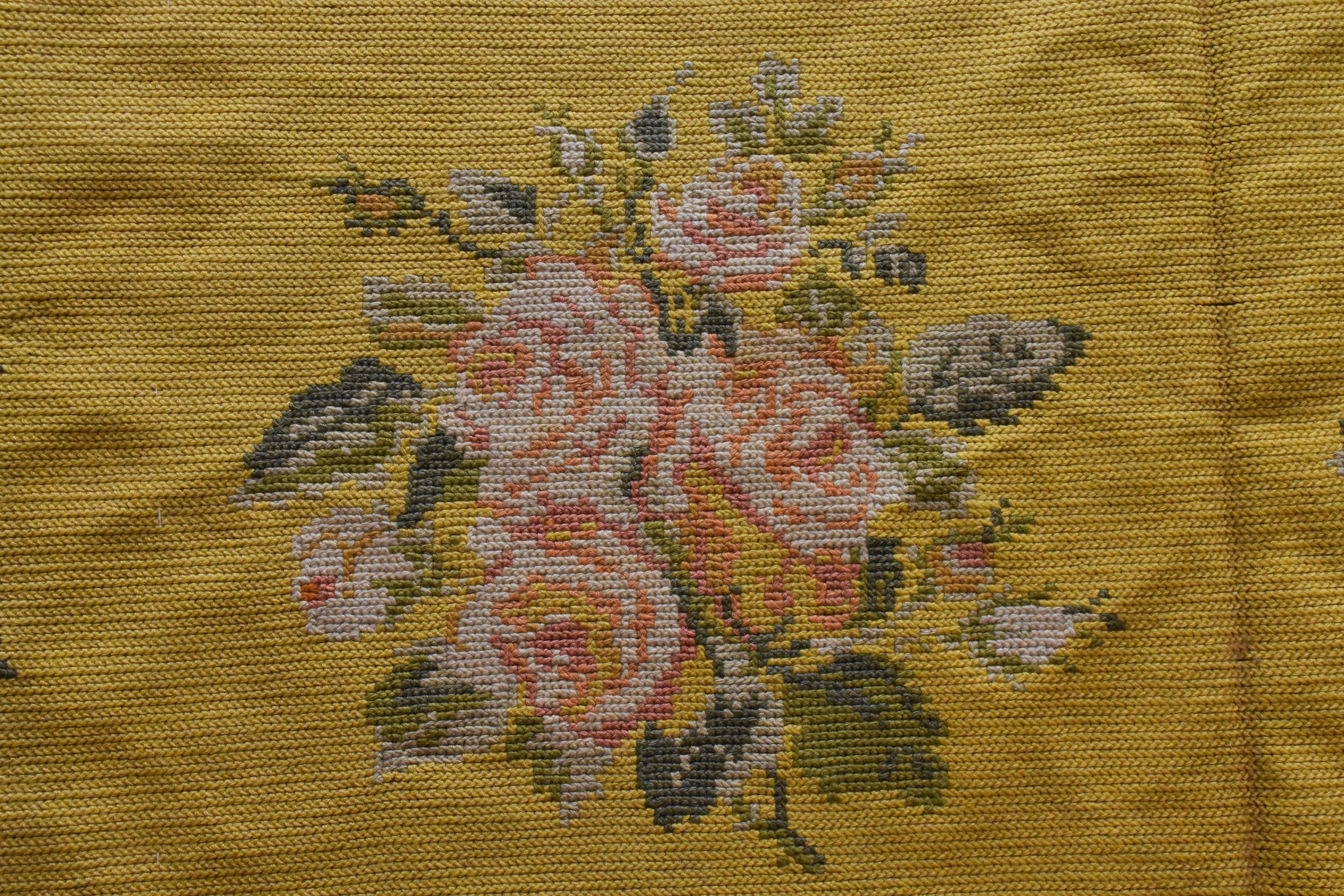 Embroidered 20th Century Yellow Pink Green Flowers Arraiolos Rug from Portugal, circa 1900s For Sale