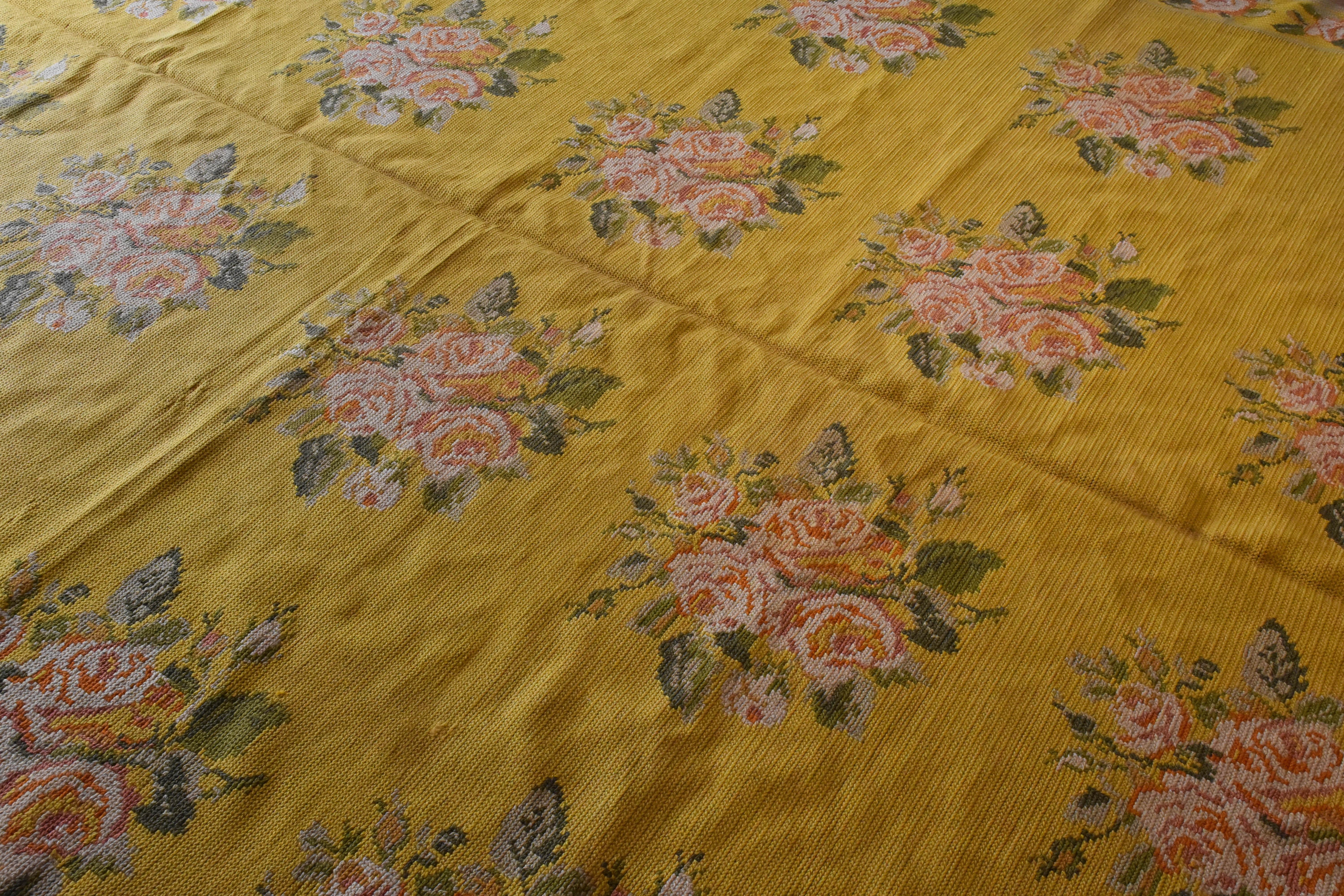 Wool 20th Century Yellow Pink Green Flowers Arraiolos Rug from Portugal, circa 1900s For Sale