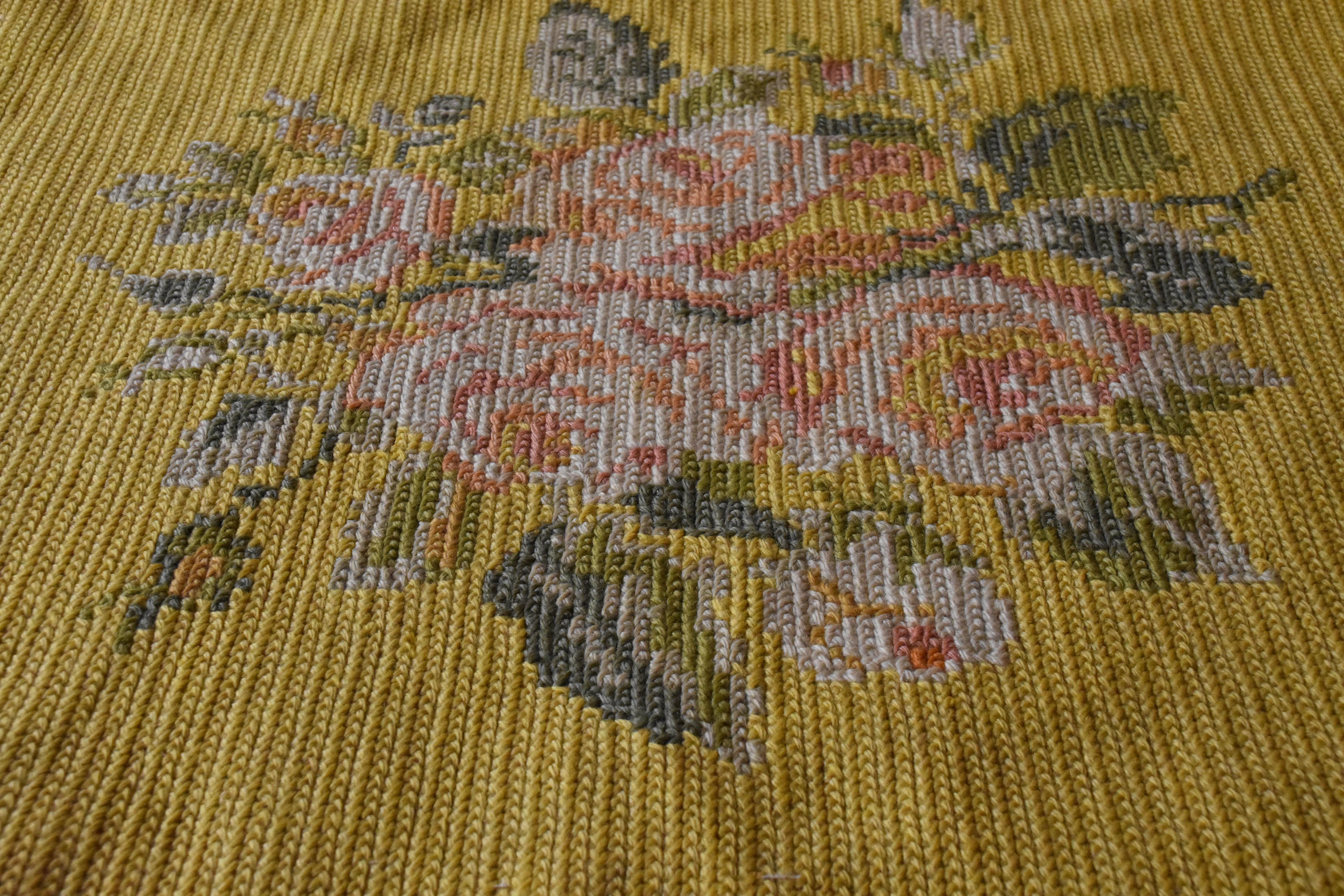 20th Century Yellow Pink Green Flowers Arraiolos Rug from Portugal, circa 1900s For Sale 1