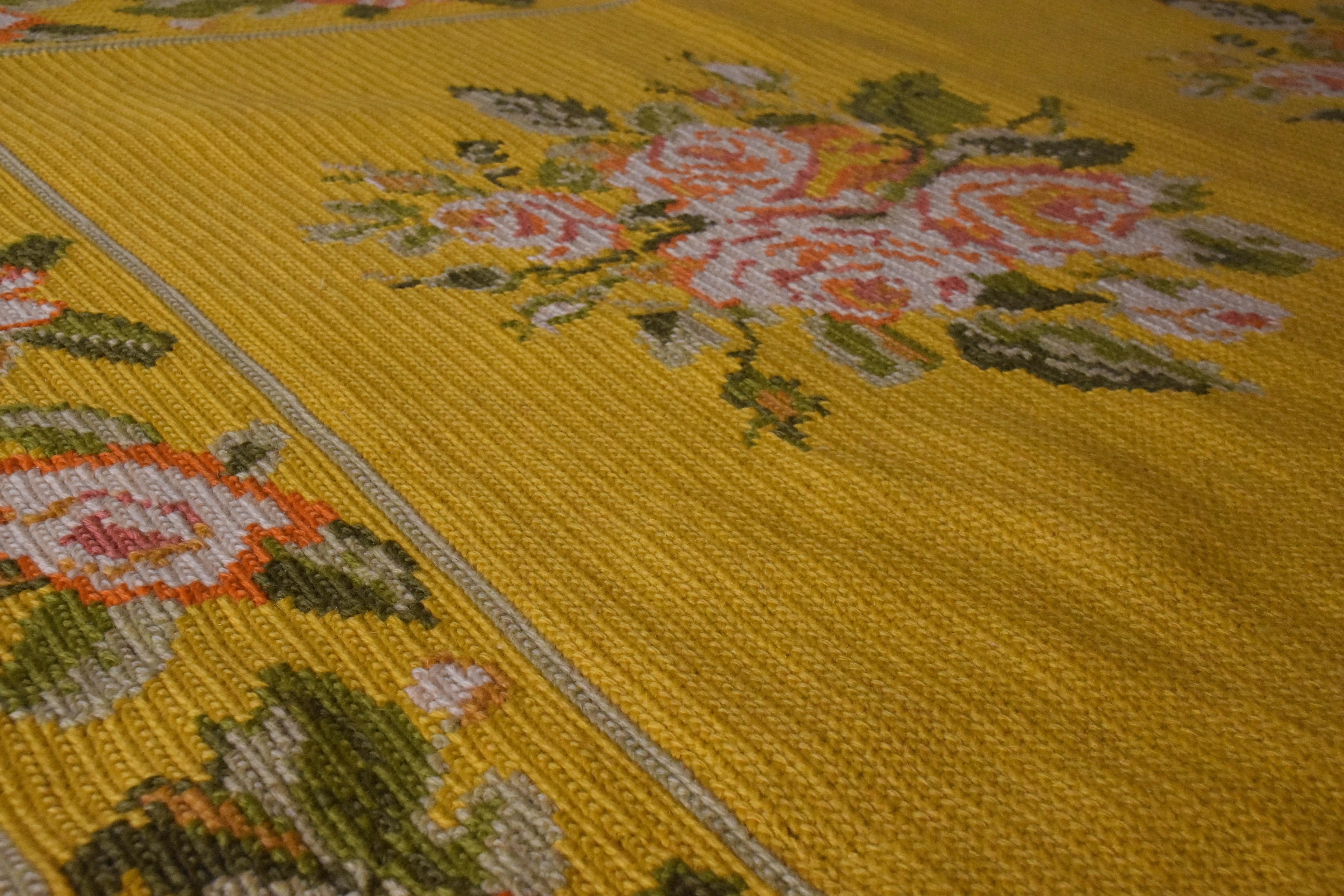 20th Century Yellow Pink Green Flowers Arraiolos Rug from Portugal, circa 1900s For Sale 2