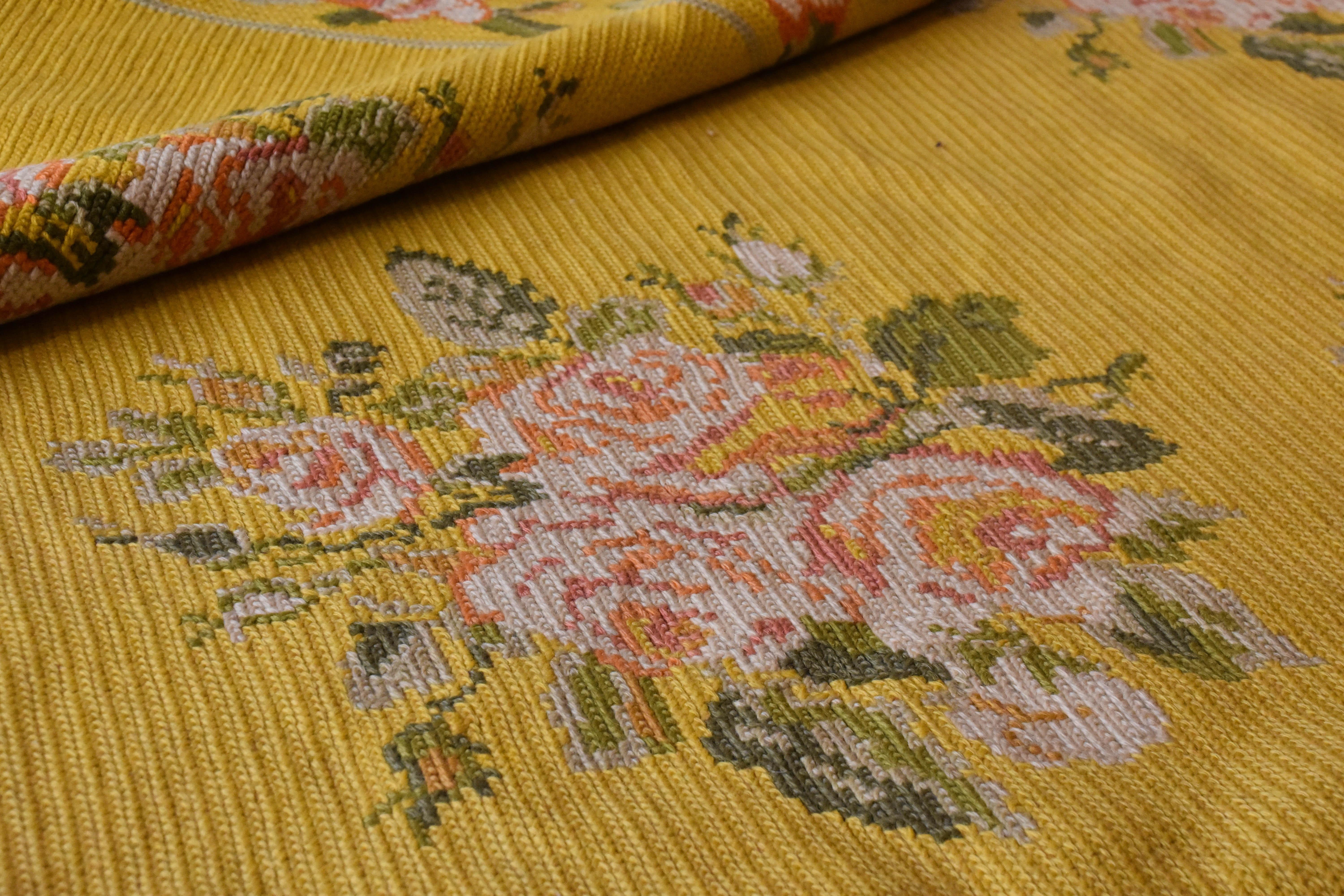 20th Century Yellow Pink Green Flowers Arraiolos Rug from Portugal, circa 1900s For Sale 3