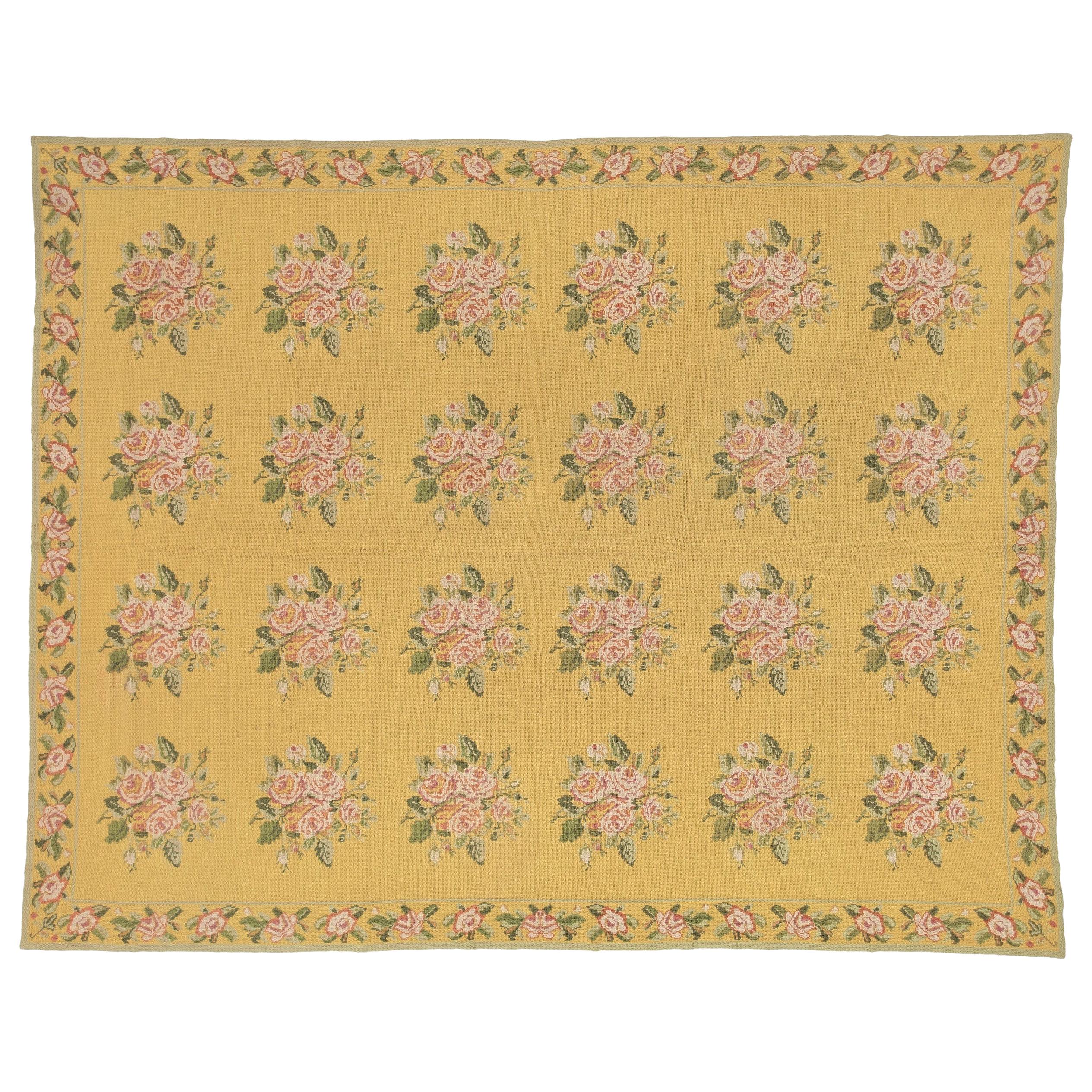 20th Century Yellow Pink Green Flowers Arraiolos Rug from Portugal, circa 1900s For Sale