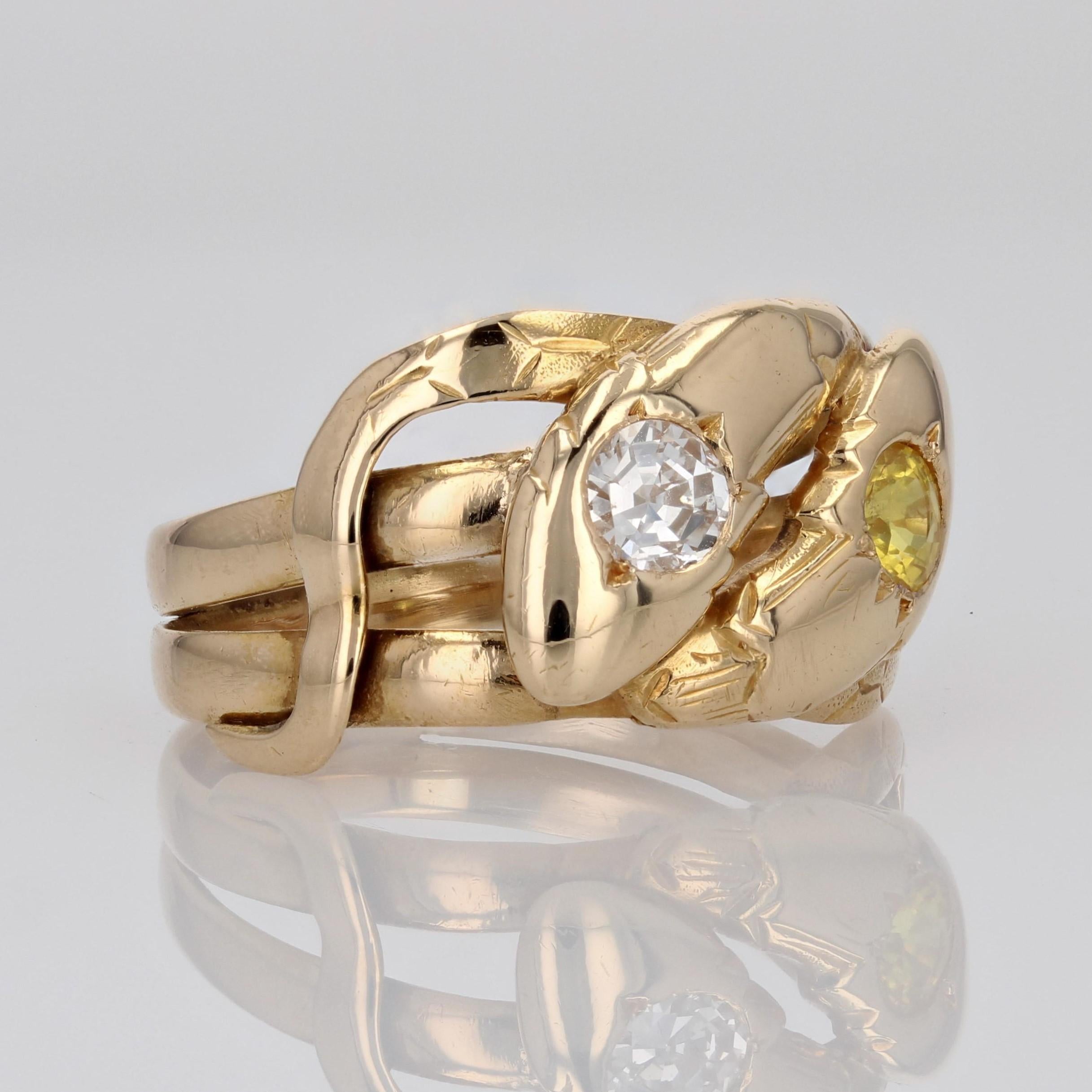 20th Century Yellow Sapphire Diamond 18 Karat Yellow Gold Snake Ring For Sale 4