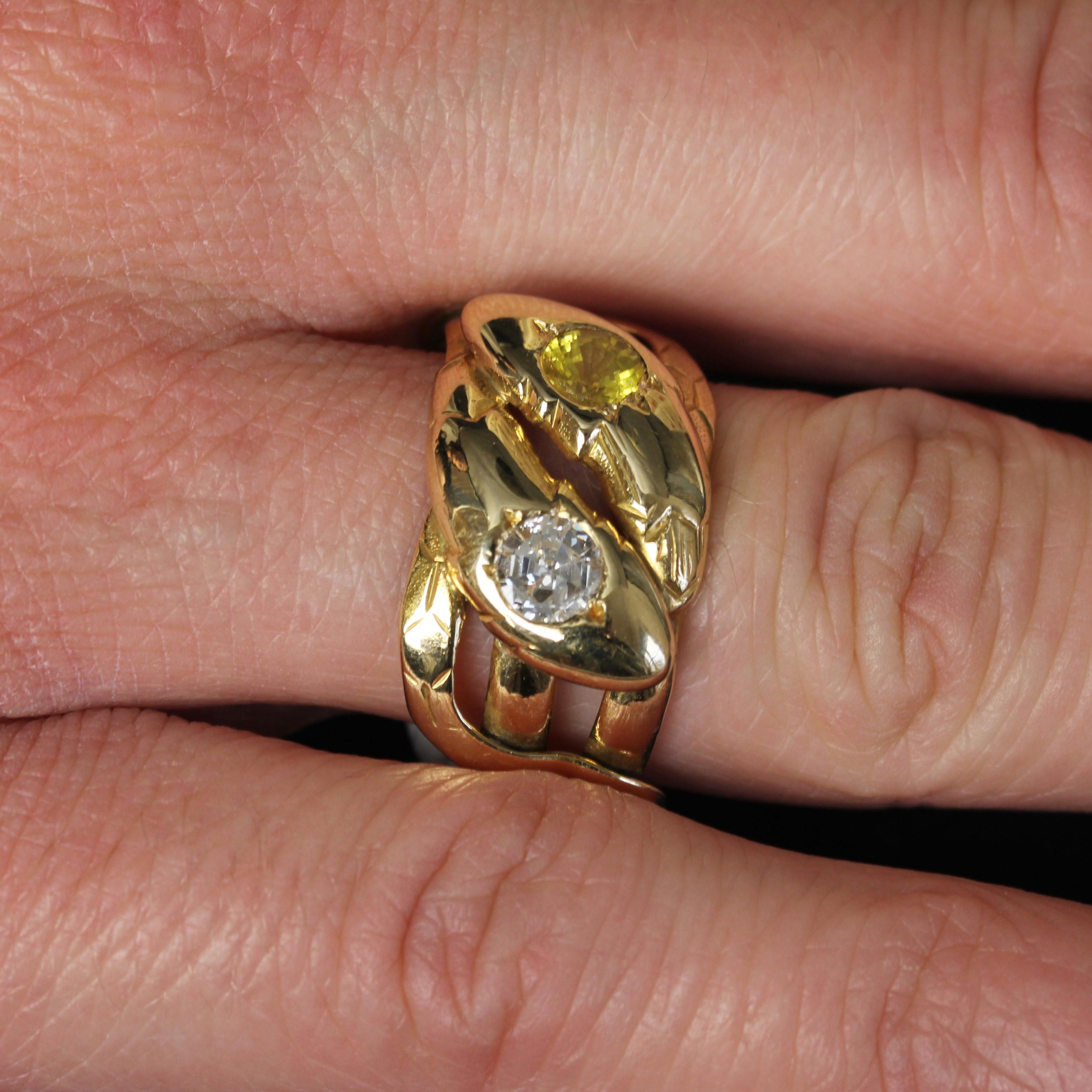 20th Century Yellow Sapphire Diamond 18 Karat Yellow Gold Snake Ring For Sale 4