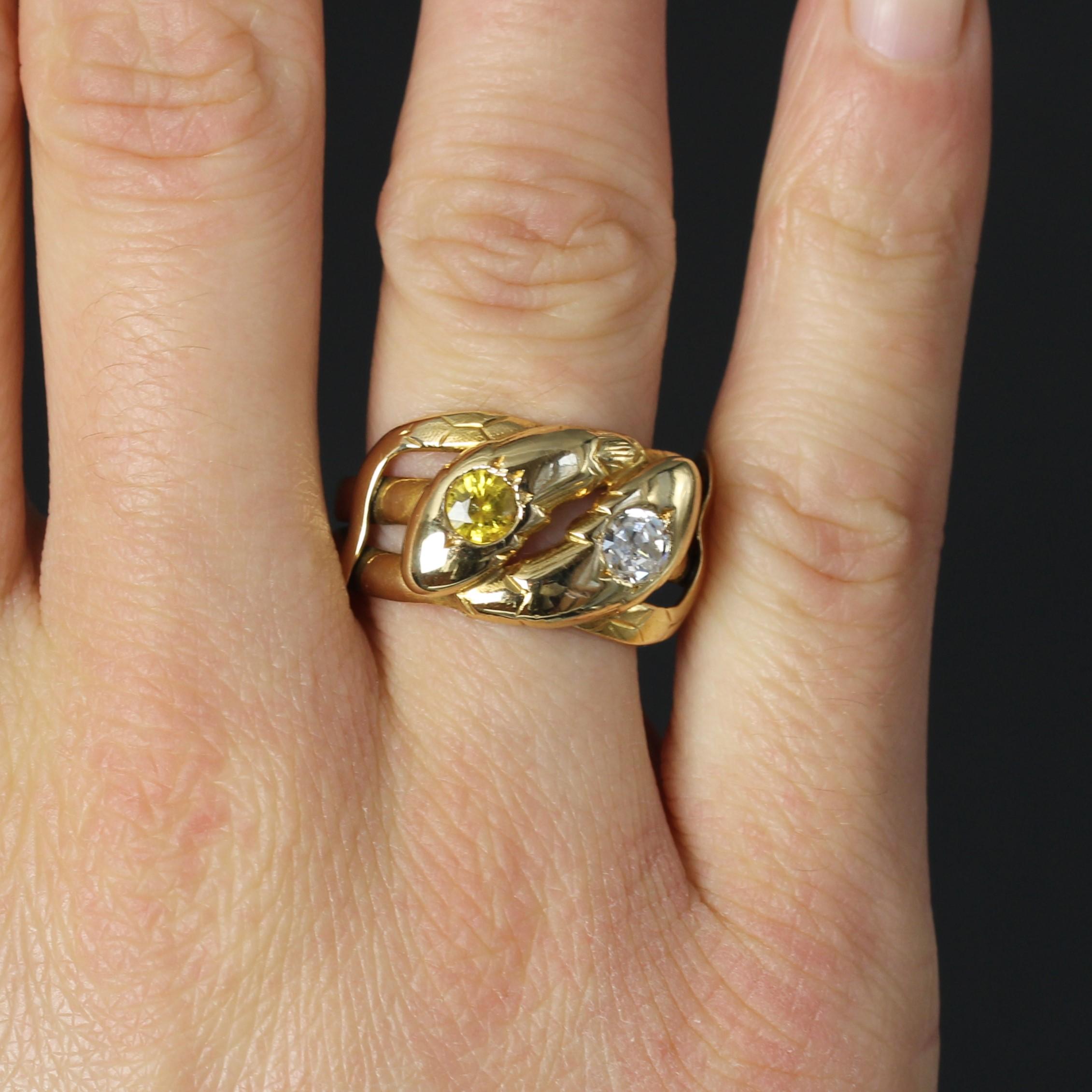 Men's 20th Century Yellow Sapphire Diamond 18 Karat Yellow Gold Snake Ring For Sale