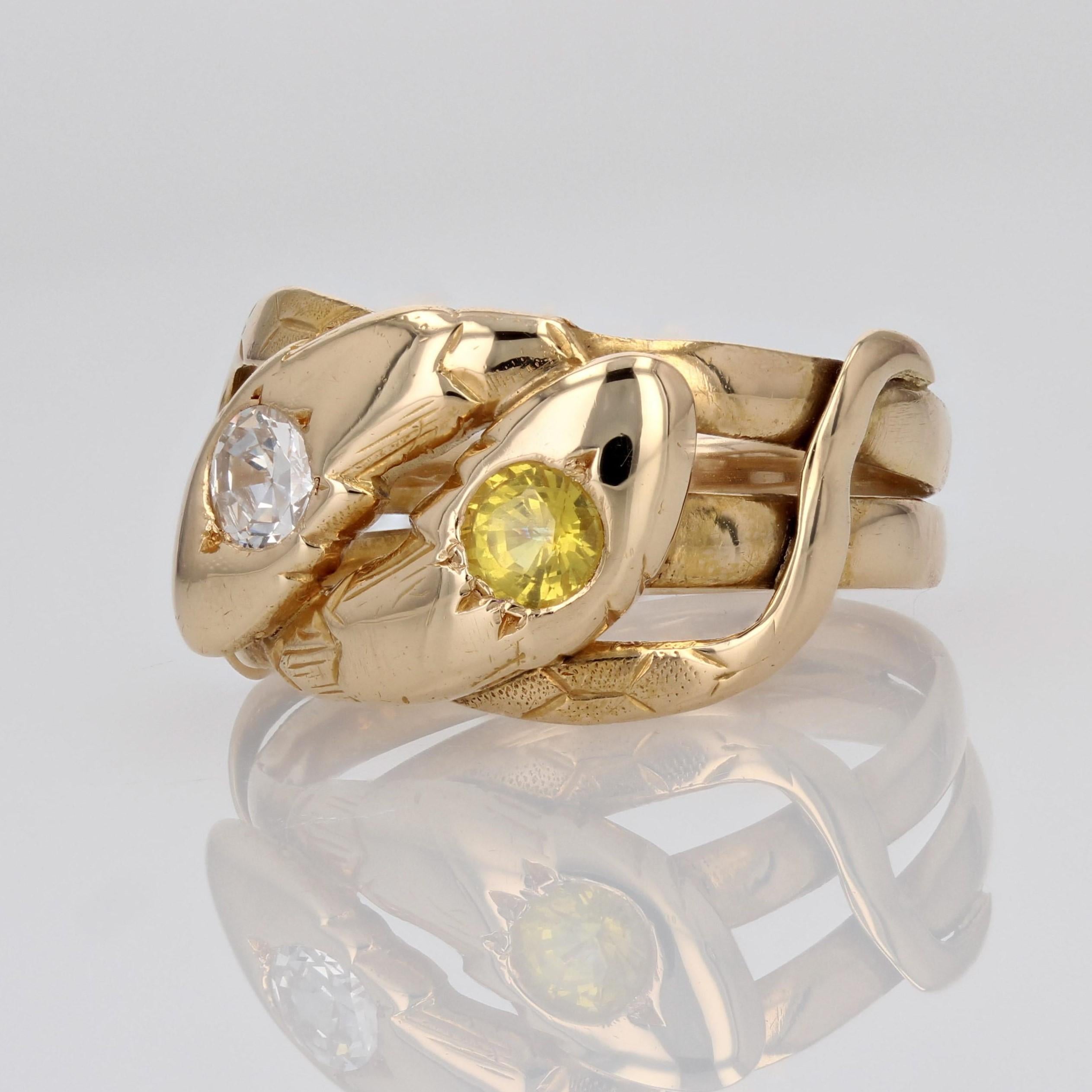 20th Century Yellow Sapphire Diamond 18 Karat Yellow Gold Snake Ring For Sale 1