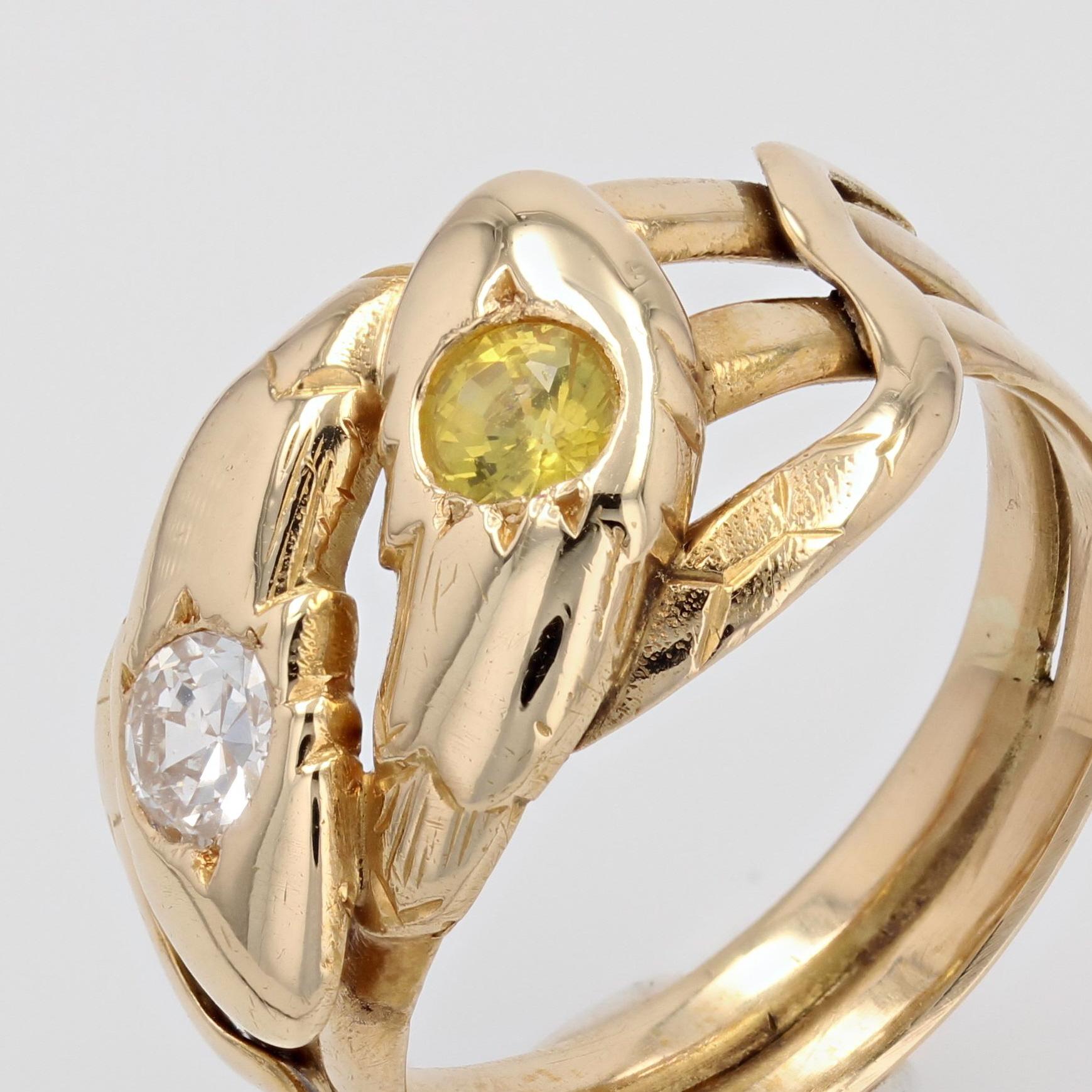 20th Century Yellow Sapphire Diamond 18 Karat Yellow Gold Snake Ring For Sale 2