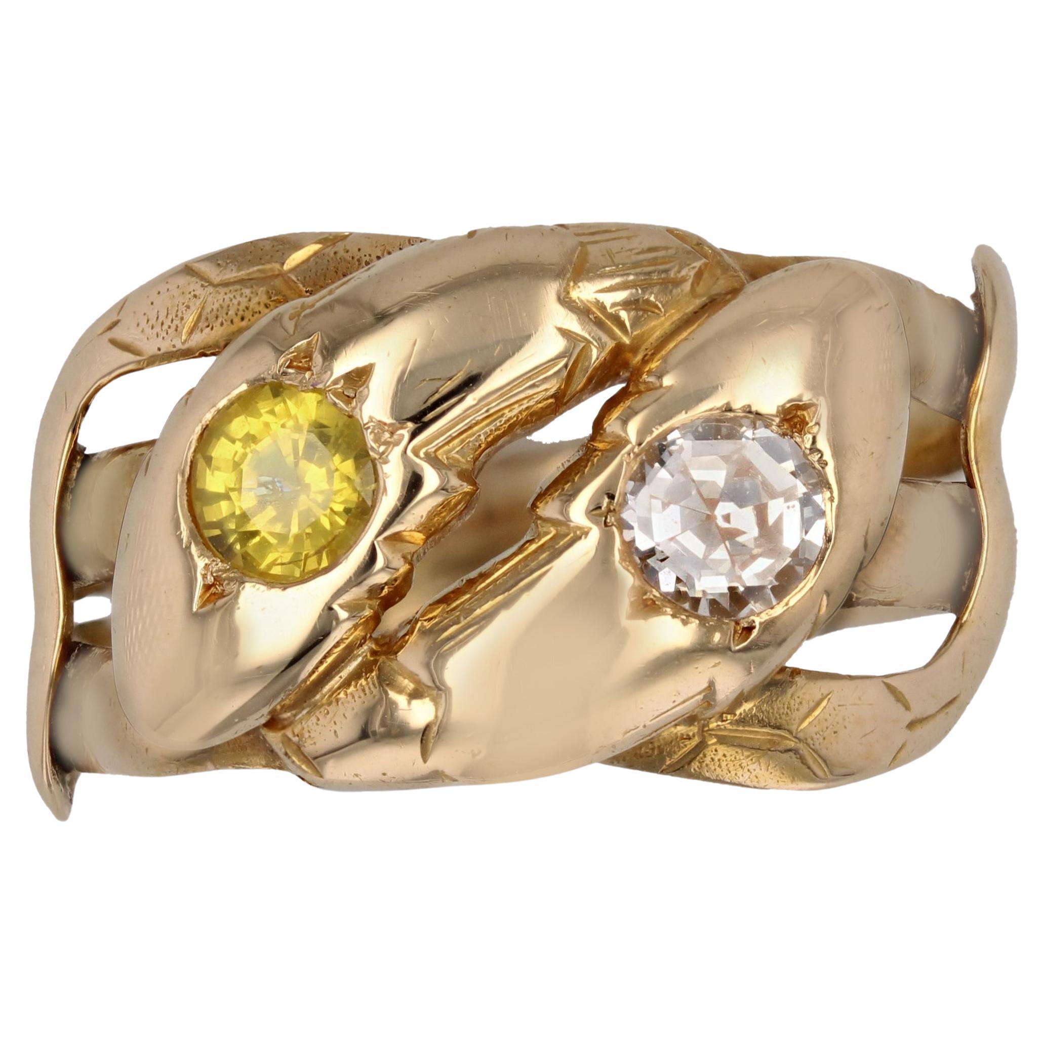 20th Century Yellow Sapphire Diamond 18 Karat Yellow Gold Snake Ring For Sale