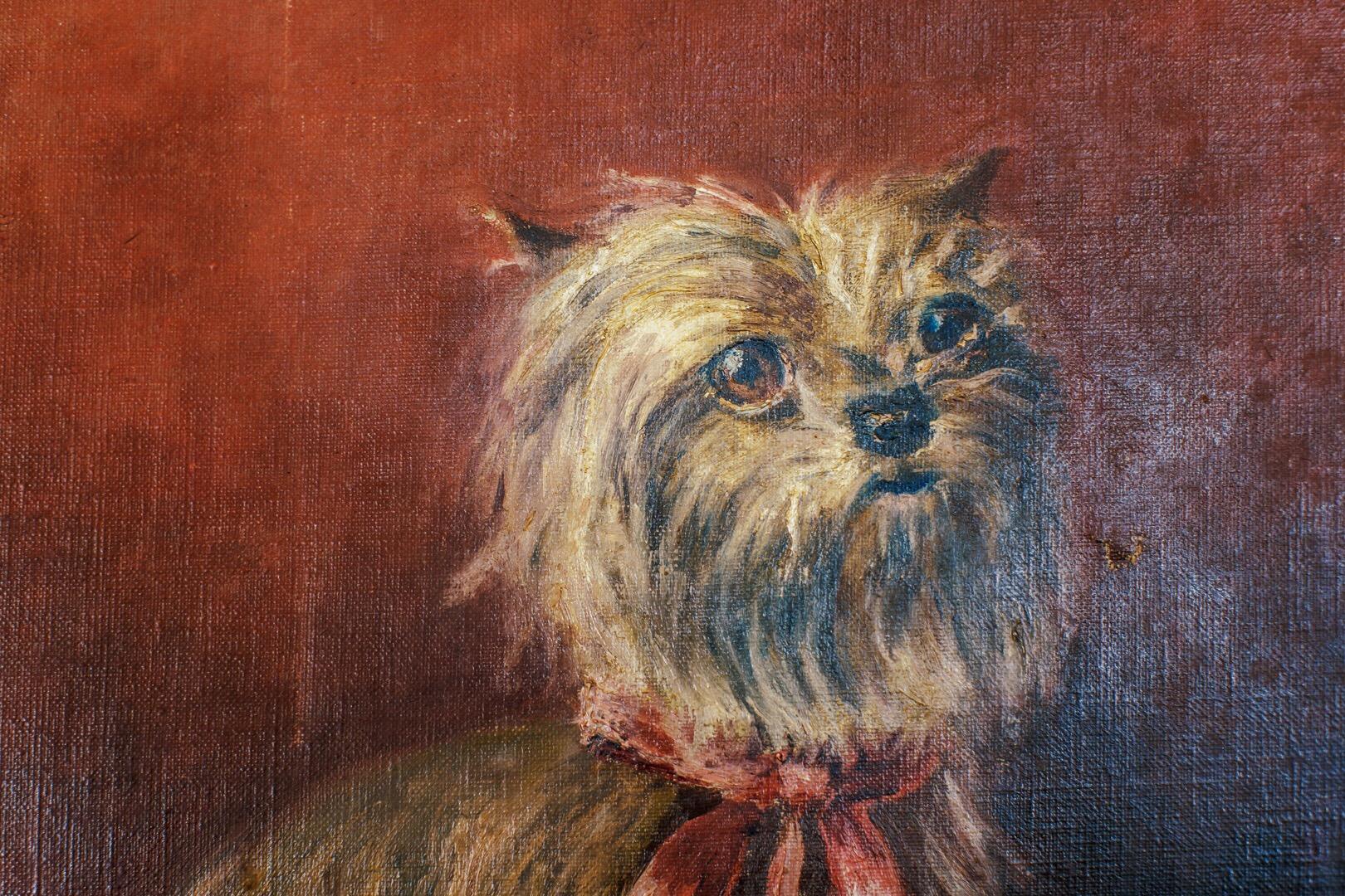 Unmounted oil on canvas Yorkshire terrier portrait. Original untouched, unrestored condition, minor blemishes and marks, very small piercing to the canvas to the right of the dogs head. Signed Geoffrey.
 
