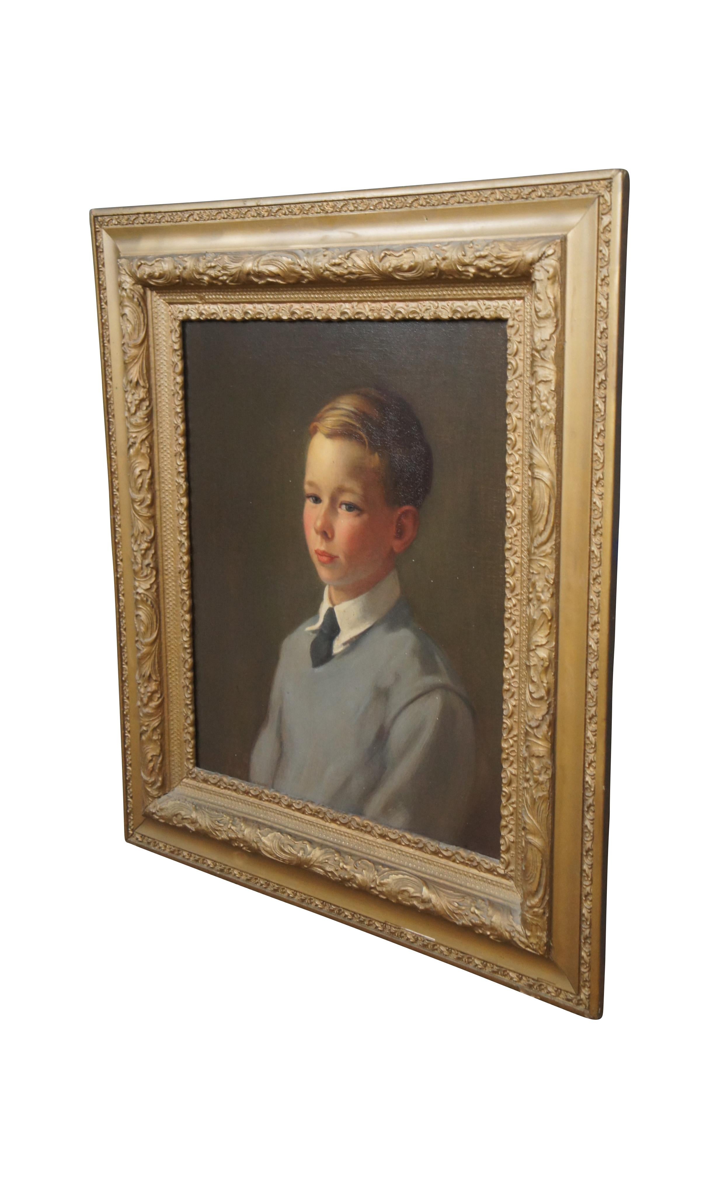 20th Century Young Boy Portrait Painting Oil on Canvas Gold Victorian Frame In Good Condition In Dayton, OH