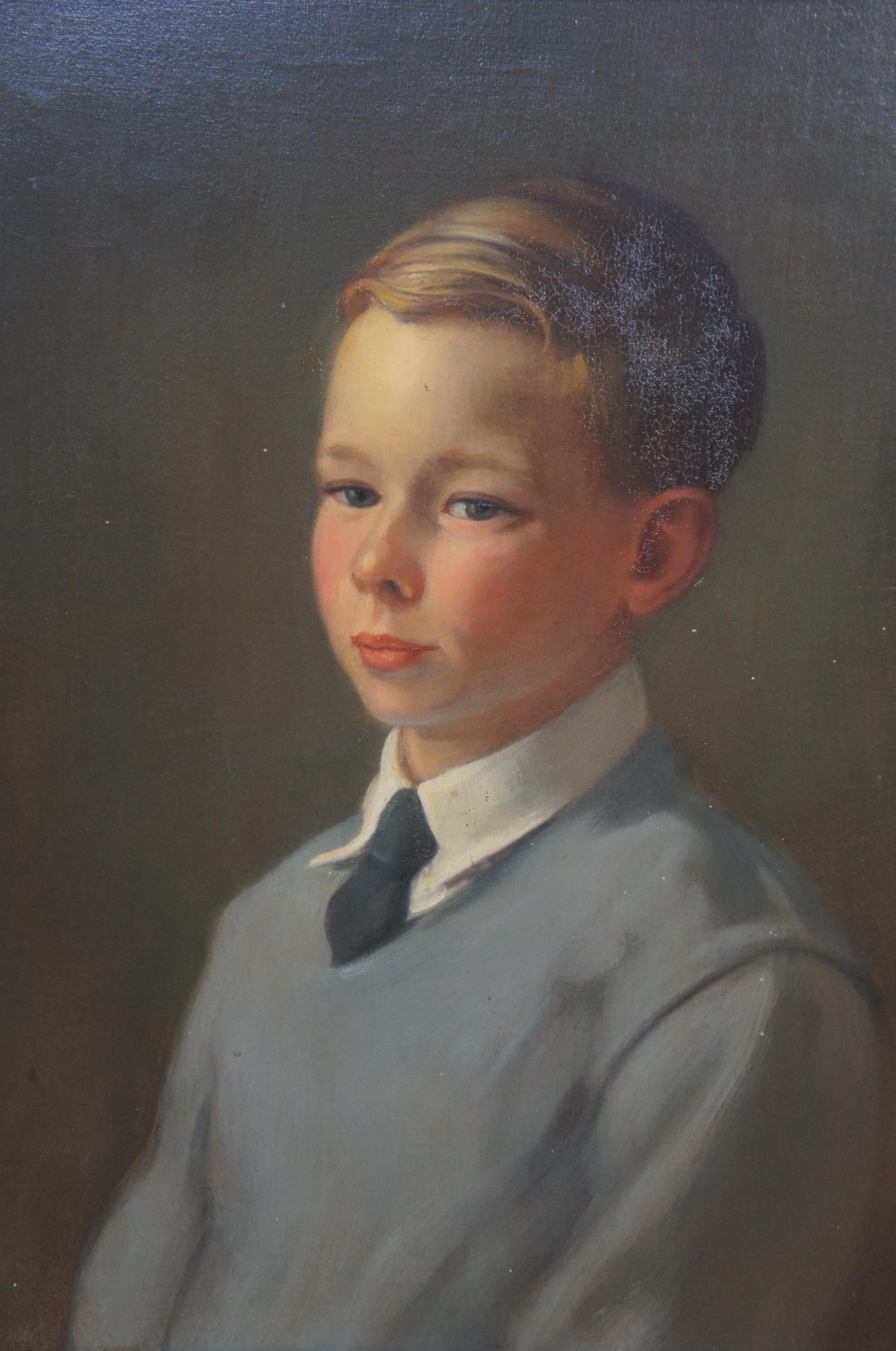20th Century Young Boy Portrait Painting Oil on Canvas Gold Victorian Frame 1