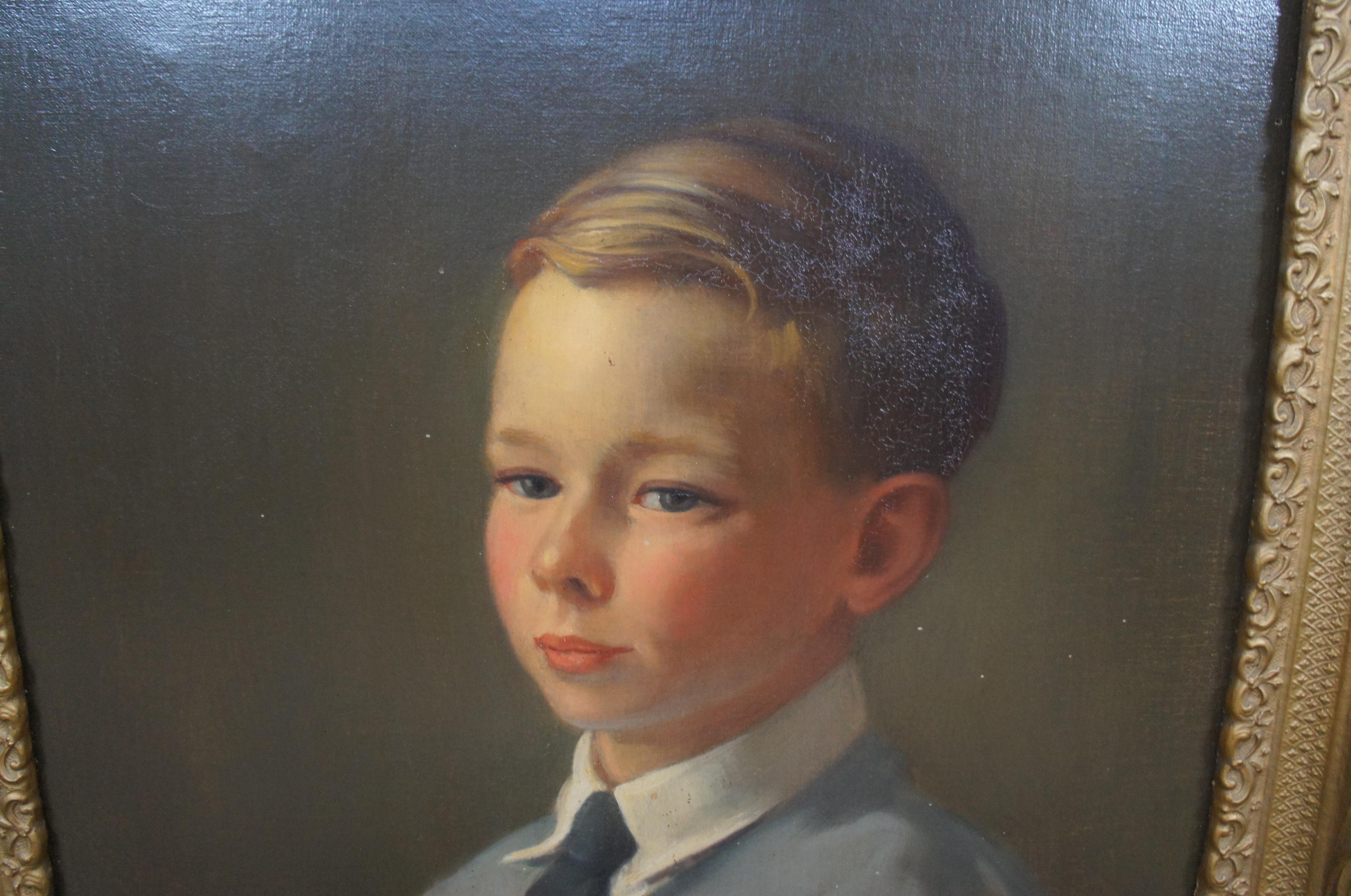 20th Century Young Boy Portrait Painting Oil on Canvas Gold Victorian Frame 4
