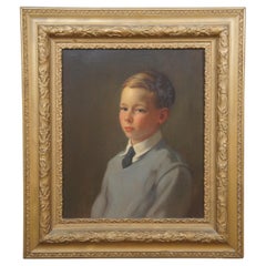 20th Century Young Boy Portrait Painting Oil on Canvas Gold Victorian Frame