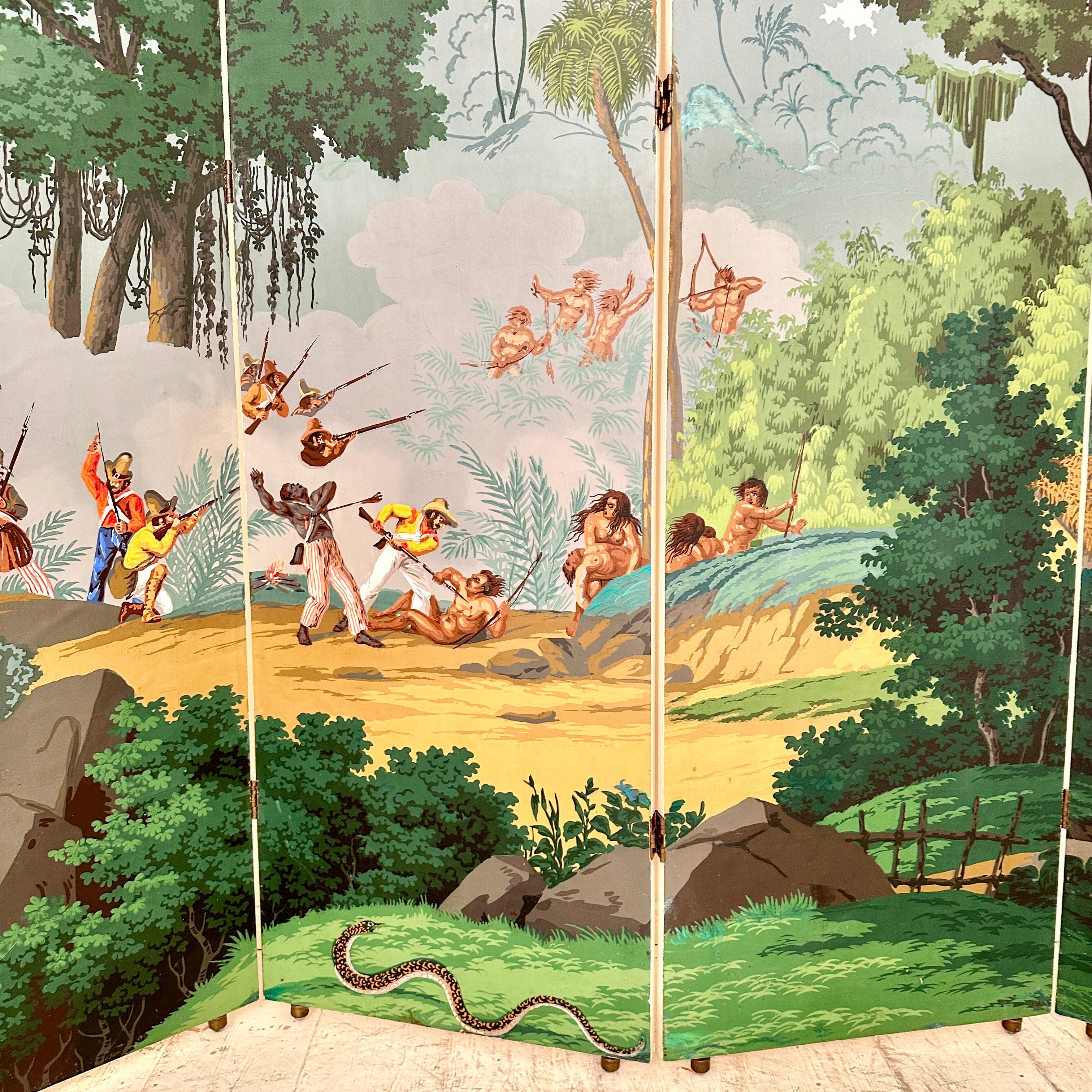 American Colonial 20th Century Zuber Four Panel Wallpaper Paravent Hand Painted, around 1940 For Sale