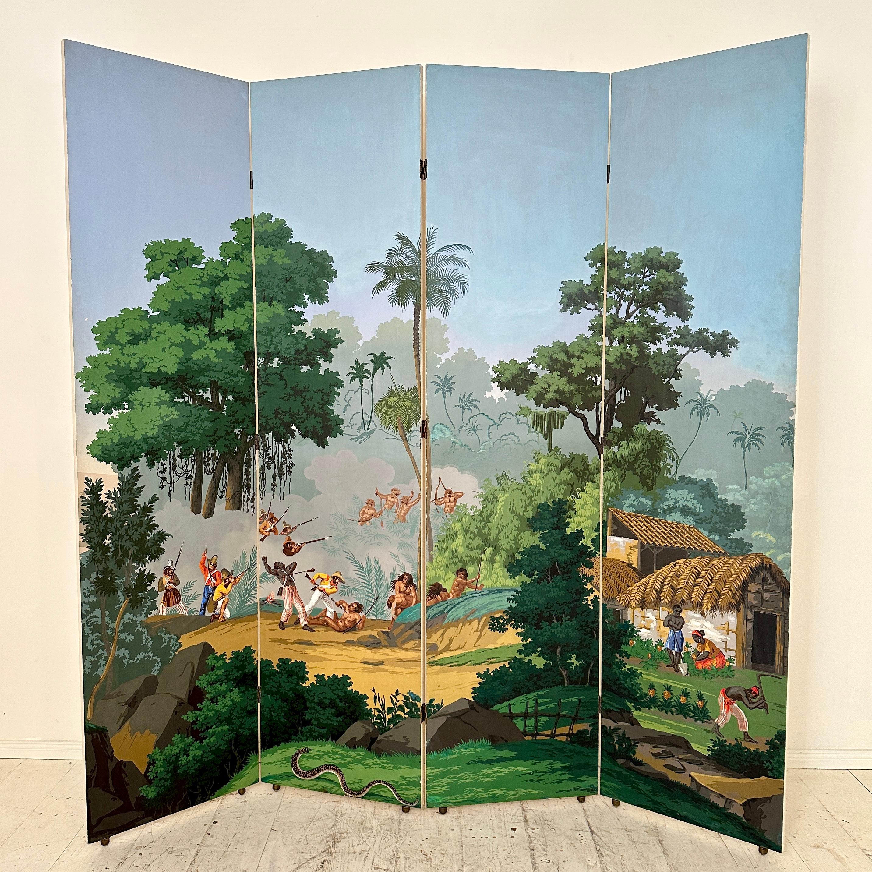 French 20th Century Zuber Four Panel Wallpaper Paravent Hand Painted, around 1940 For Sale