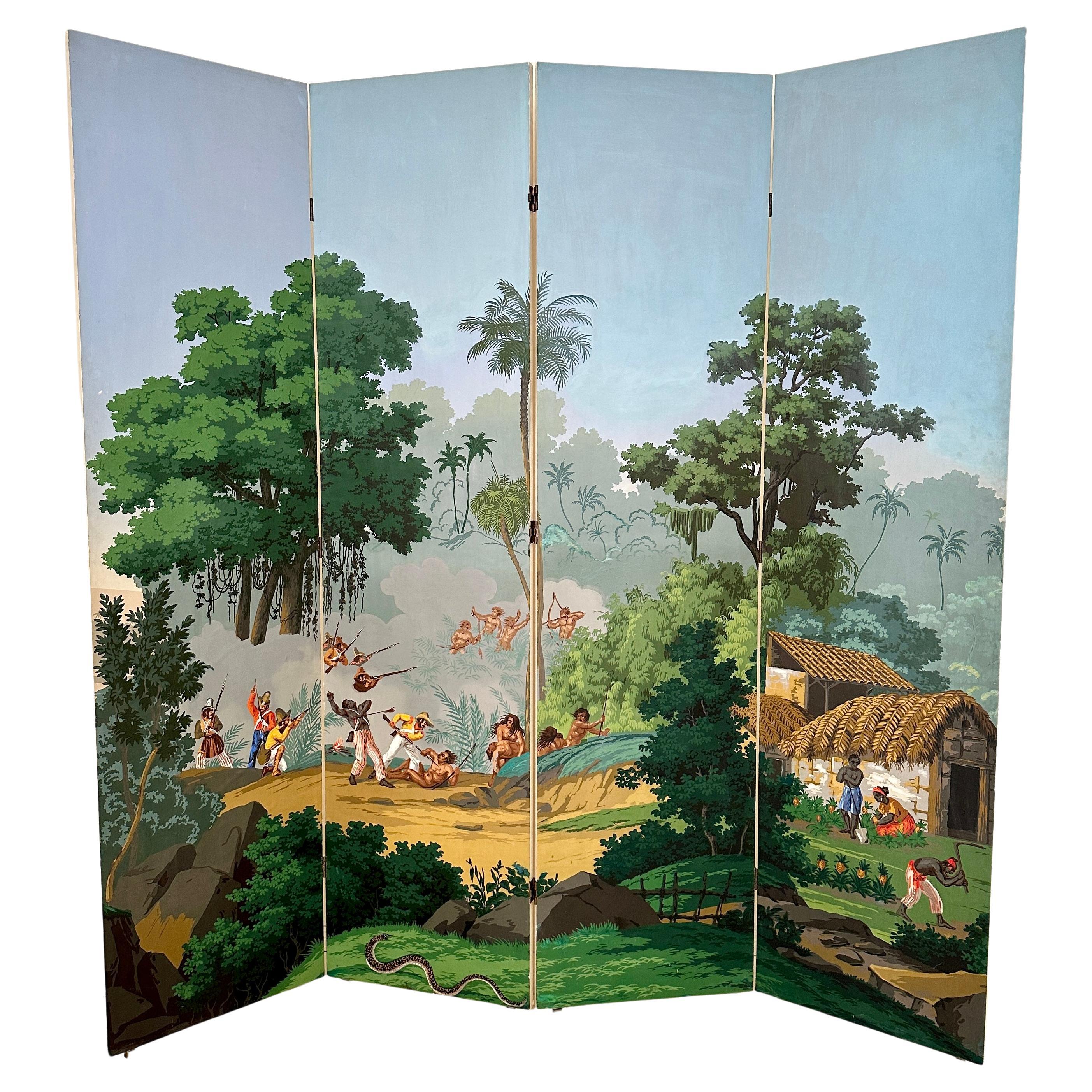 Siglo XX Papel pintado Zuber de cuatro paneles Paravent Pintado a mano, hacia 1940