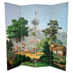 20th Century Zuber Four Panel Wallpaper Paravent Hand Painted, around 1940