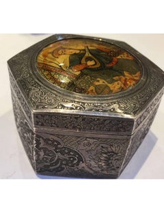 20th Century, Engraved Silver Box with a Qajari Musician on the Top