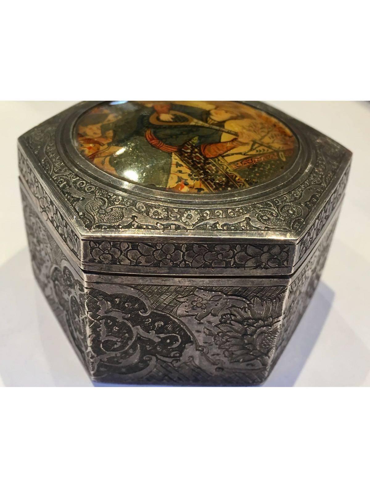 Other 20th Century, Engraved Silver Box with a Qajari Musician on the Top For Sale
