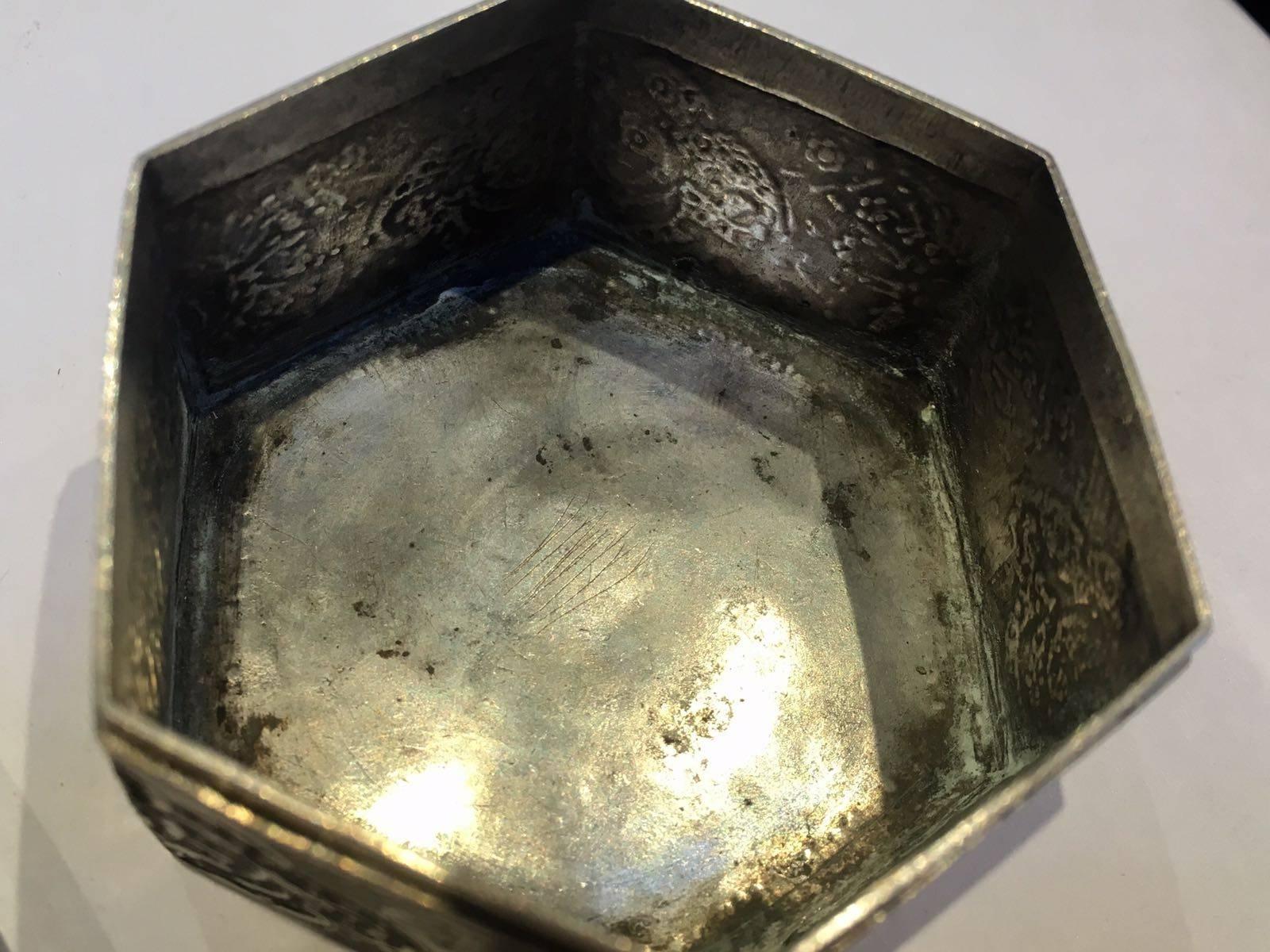 Persian 20th Century, Engraved Silver Box with a Qajari Musician on the Top For Sale